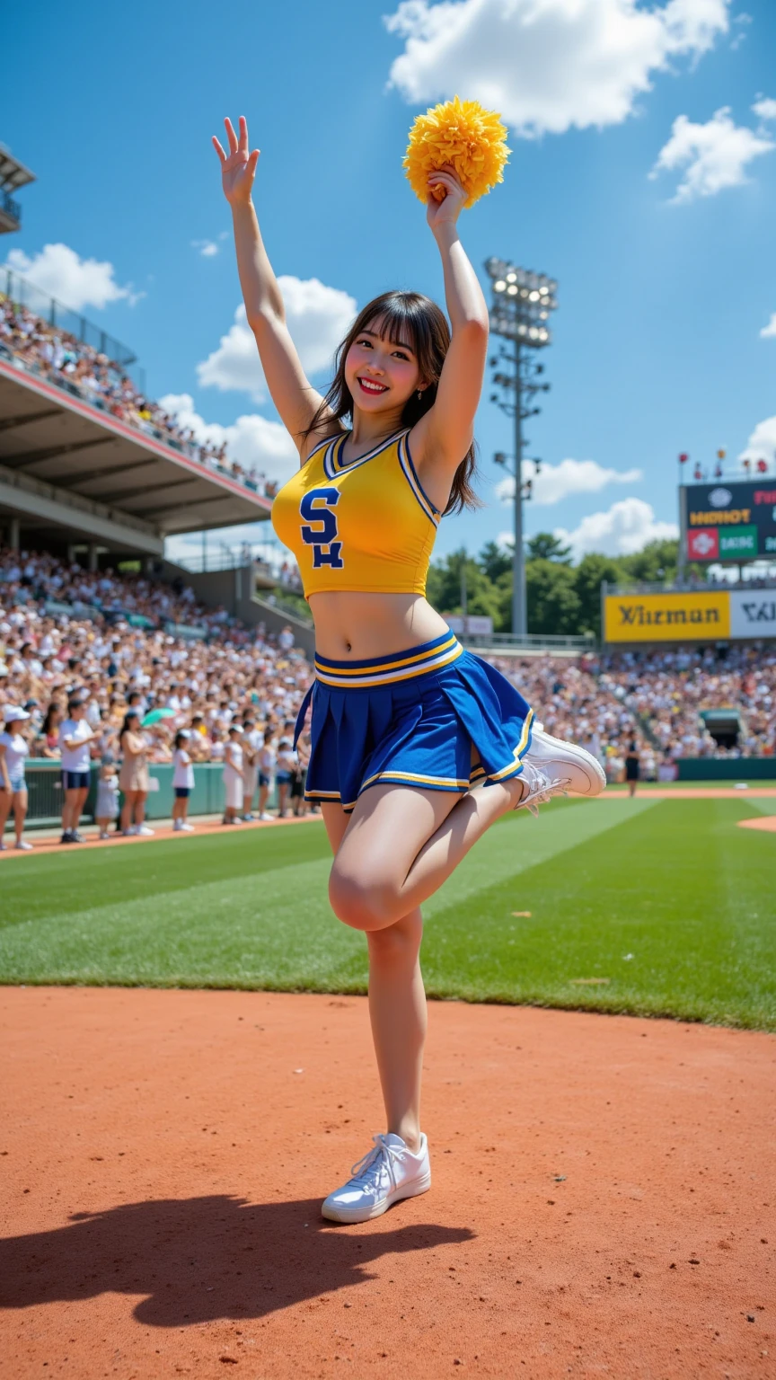 (8k、Raw photography、Highest quality、masterpiece:1.2),(Black Hair、Dark Eyes:1.9),(:1.6)、View your viewers,Front view,White skin,(Cheerleader:1.4)、(Tight waist:1.6)、(Clothes that accentuate the shape of the breasts:1.0)、(Big Breasts :1.3)、Slim figure、Ultra-high resolution,beautiful,beautiful fece,(One person、No background:1.9),whole bodyボディー,Japanese women,(reality的:1.37)、Photon Mapping,reality、(Baby-faced and cute: 1.2)、(Cute Smile: 1.8)、(Round face: 1.8)、Radio City、Physically Based Rendering、Depth of field rally background、photograph, (I can see your knees、Thigh close-up:1.8),(:1.6),whole body、Great quality