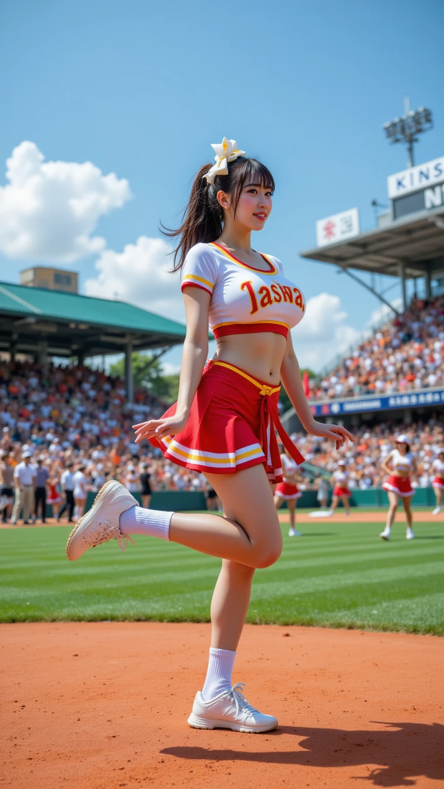 (clothing:2.0, Cheerleader uniforms:2.0, skirt:1.8), (baseball Ground:1.5), (Wet:1.5), ((Grin:1.2, thin:1.5, Small Ass:1.5)), ((Japanese, 1 Girl, 18-year-old, 7 heads, Ideal body type, Black Hair, With bangs, Small breasts, Erect nipples, thin, Small Ass, Beautiful legs, thin脚)), Surrealism, Cinema Lighting, Written boundary depth, debtirst Person View,  debt/1.8, 135mm, Ticker, masterpiece, Collect and organize, ((Anatomically correct:1.3)), Textured skin, Super detailed, High detail, high quality, Awards, 最high quality, High resolution, 8K