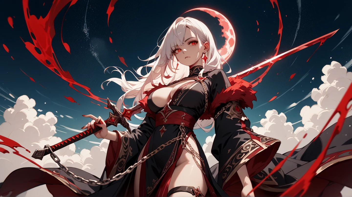 beautiful alluring white vampire with fangs extended red eyes SFW huge breasts intricate fancy dress, full body, dynamic pose, full HD