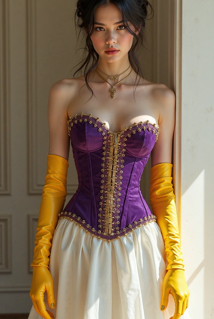 A cute woman (age 25, matching hair, disney character themed sexy outfit) is doing a disney themed fashion show, glamorous poses in the spotlight on the run way, show her full body