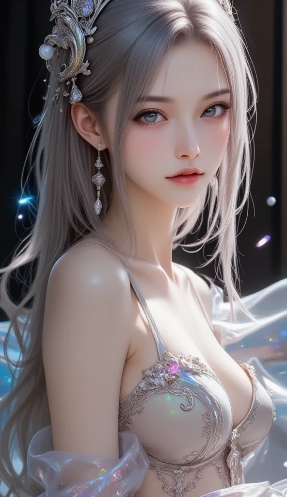 (White Wings 1.2),(White feathers falling in the background 1.1)， （（masterpiece））， （detailed：1.4），Realistic、 Beautiful Woman Images，High resolution（High Dynamic Range），Ray Tracing，NVIDIA，Super Resolution，PBR Textures，Post-processing，Anisotropic Filtering，Maximum depth of field resolution and crisp layer textures，Albedo and Specular Maps，Surface Shading，Accurate simulation of material interactions，Perfect balance，Rendering with Octane，2-color light，Large Diameter，Low ISO，White balance，Rule 3 points、8K raw data、Backlight、Beautiful white and shining skin、Gray hair that changes with light、Long bangs obstruct the view、Highlights of cheek luster、Sexy and very beautiful and adorable face、The most beautiful face in the world、Super long and gorgeous white hair、Smooth straight hair、WHITE hair fluttering in the wind、big, light blue eyes shimmering、Beautiful Bangs、Beautiful cute girl 25 years old、Great cleavage、Beautiful dress、From the side