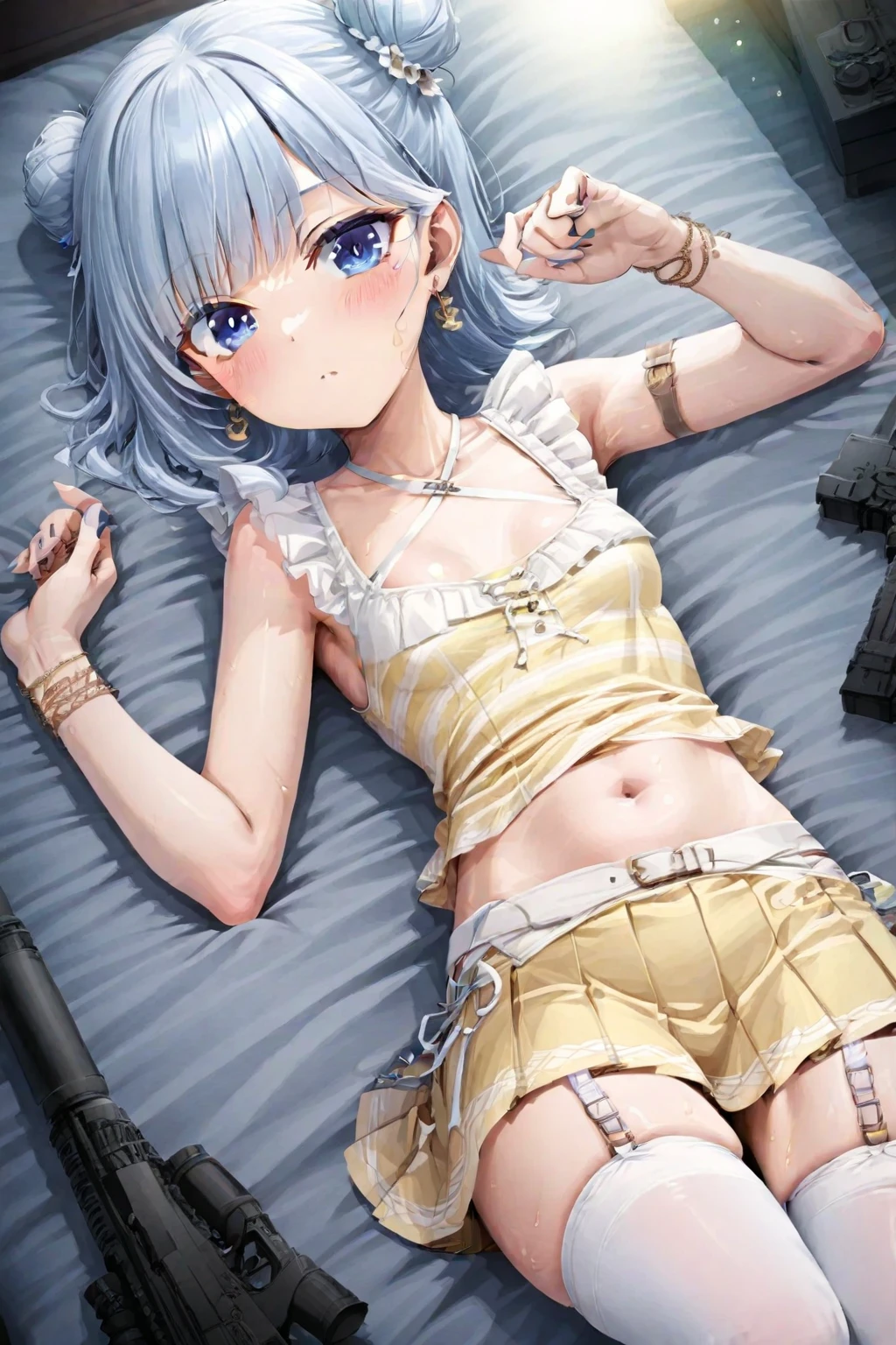 masterpiece,1girl,solo,blue hair,hair intakes,torn clothes, handcuffs, chains,navel,tears, <lora:ChabayevPrison-000006:1> ,
