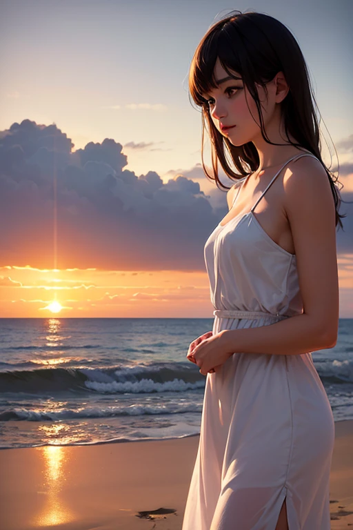 (masterpiece, high resolution, illustration:1.2), radiant young woman in a flowing dress, Asia girl, thin to transparent, (graceful and ethereal presence:1.1), (golden sun sinking beneath the horizon:1.2), (gentle sea breeze caressing her cheeks:1.2), (tranquil and secluded beach with palm trees:1.1), (gentle waves lapping the sandy shore:1.1), ((shadows and hightlights)), a moment of enchantment and serenity in the idyllic Maldives, artistic details, captivating composition., extream long shot , rim light ,