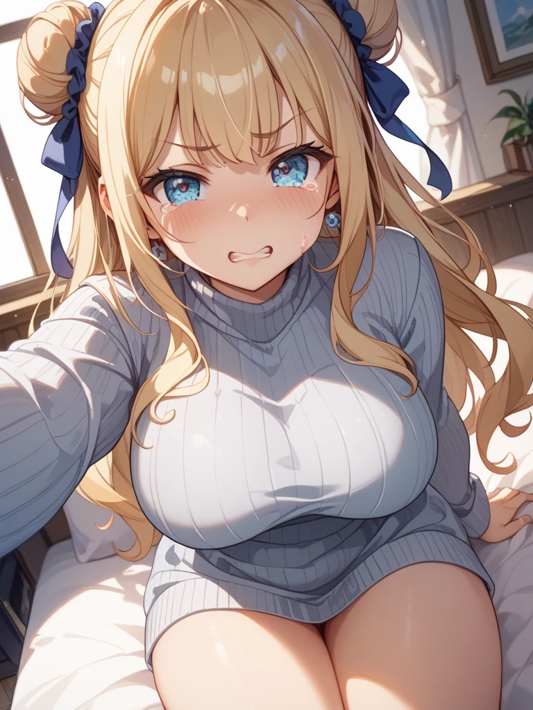 masterpiece、highest quality,Very detailed, Absurd beauty、(1 beautiful girl、Long Hair、blonde、Ample breasts)、Please show me the amount、Bangs are 7:3. Farewell、Keep your head small、Casual clothing、Summer clothes、Tank top、Shorts、Hooded jacket、Jacket is open、Inside the room