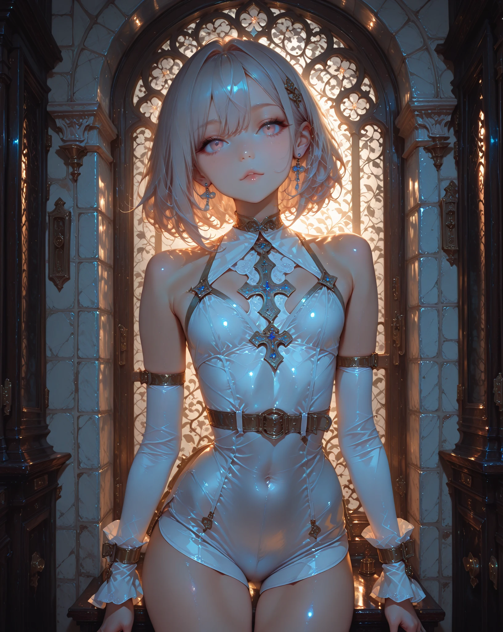( Masterpiece, White and vivid colors, (Exposed:1.2), (nipple:-0.9)(Acutance:0.9)), (((Renbutsu Misako|Misako Renbustu))), ((face variations)), { Navel | pretty Ass }, portrayed in the best quality and high resolution. The image should be ultra-detailed, realistic, and photorealistic with a touch of rawness. concept art. The color tone should be vibrant and vivid, enhancing the overall visual impact. (Whole Body proportions and all limbs are anatomically accurate), (Vivid Colorful light shines through the delicate stained glass). delicate limbs, Detail of sparkling oiled ivory skin, (short Bob, delicate wear), Whole Body proportions and all limbs are anatomically accurate .