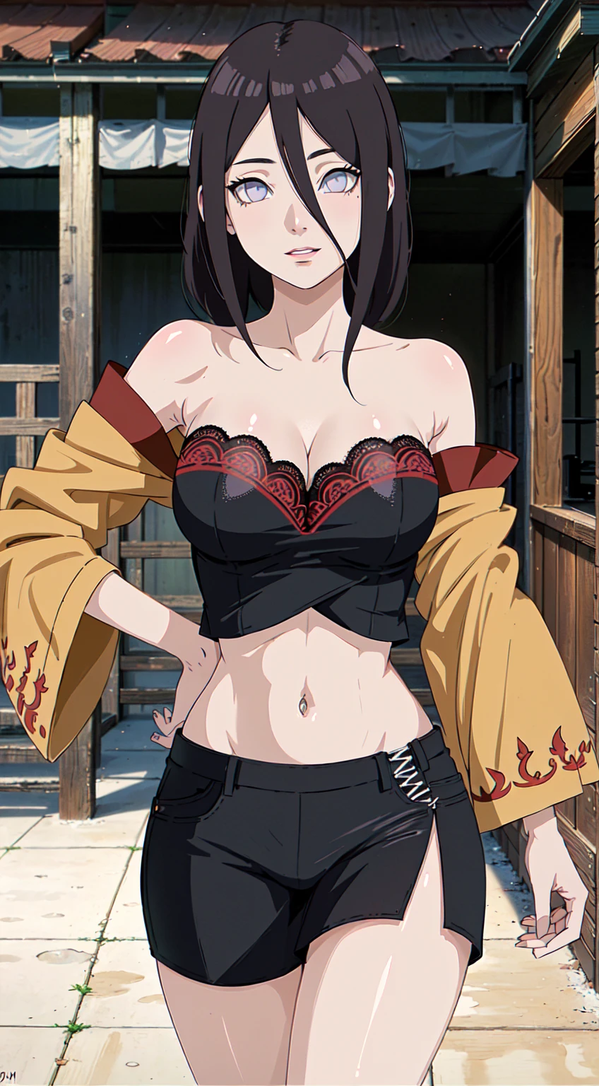 A female character in the art style of jujutsu kaisen, with black wavy mid length hair and hazel eyes. Her armes a covered in black tattoos and she has a wicked grin. She is standing in front of a old haunted house that's burning. Wearing baggy ripped clothes that hang loose on her body.