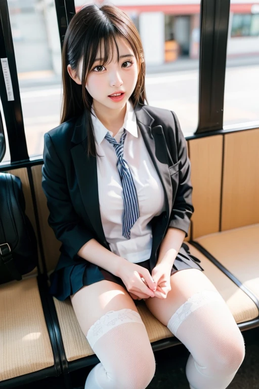 top-quality,ultra - detailed,tmasterpiece,hentail realism,Photorare,Bright lighting,1 girl in, Very beautiful 20 year old girl, (kawaii:1.2),Smile, (eyes are brown),(Brown hair),(By bangs),perfect glossy skin,flawless skin,((erotick)),((Exact pointers，No discomfort)), Colossal tits,big breasts thin waist, looking at viewert,((Wearing a suit)),((White short-sleeved shirt、Open the button)),(red necktie),(Dark blue tight mini skirt),(((Lift the skirt yourself))),(Showing off her dark blue satin micro mini panties)、Pubic hair is visible、Panty Focus,((Sit up,Spread your legs apart)), (garterbelts、White lace),(Loafer shoes), during daytime,Inside the bright train,Horizontal bench seat，