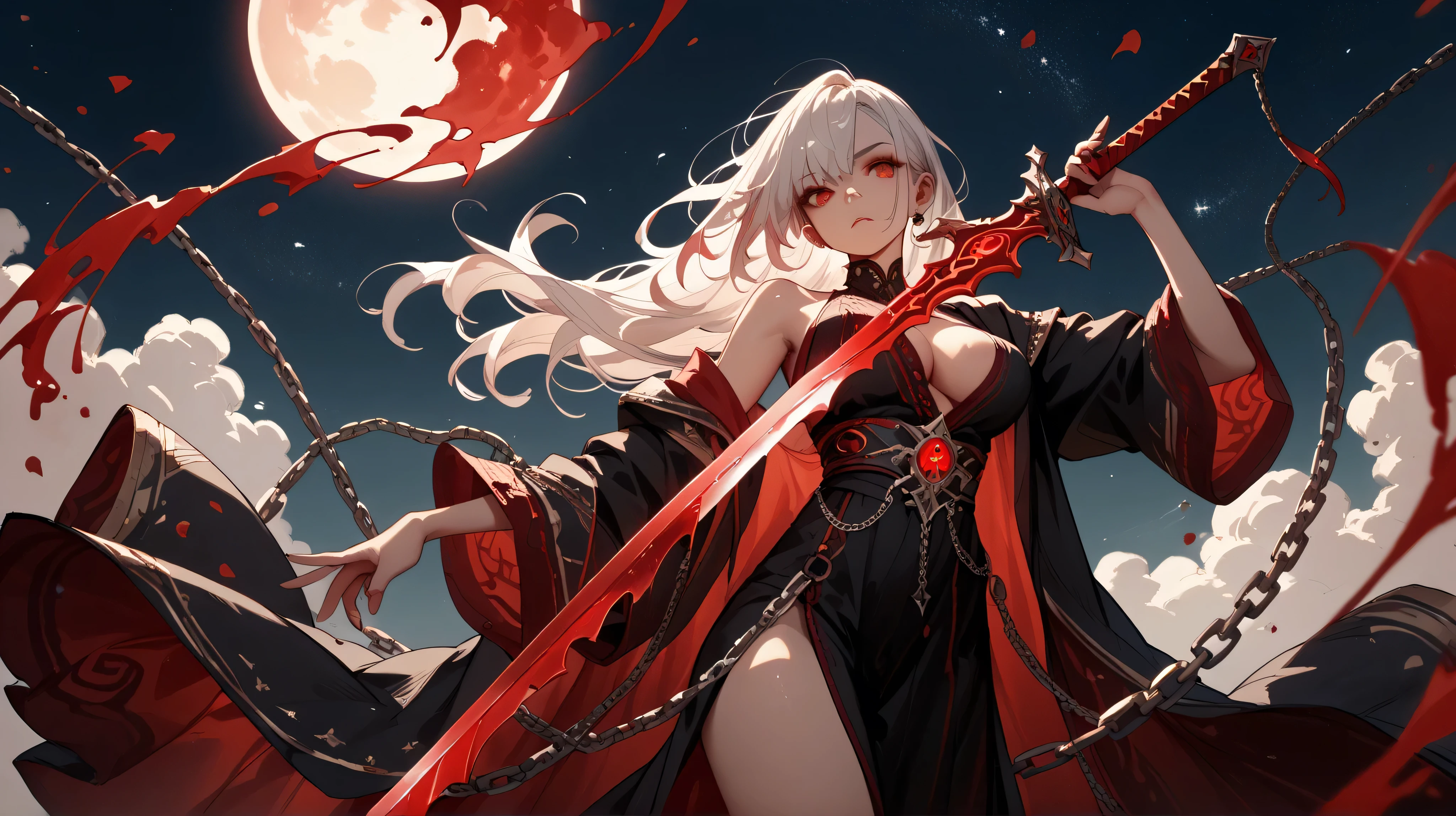 masterpiece, best quality, ruby red eyes, large breasts, beautiful woman dressed in black murim robes,long silver hair, standing high above in the sky, a blood moon in the dark background, Manhwa style