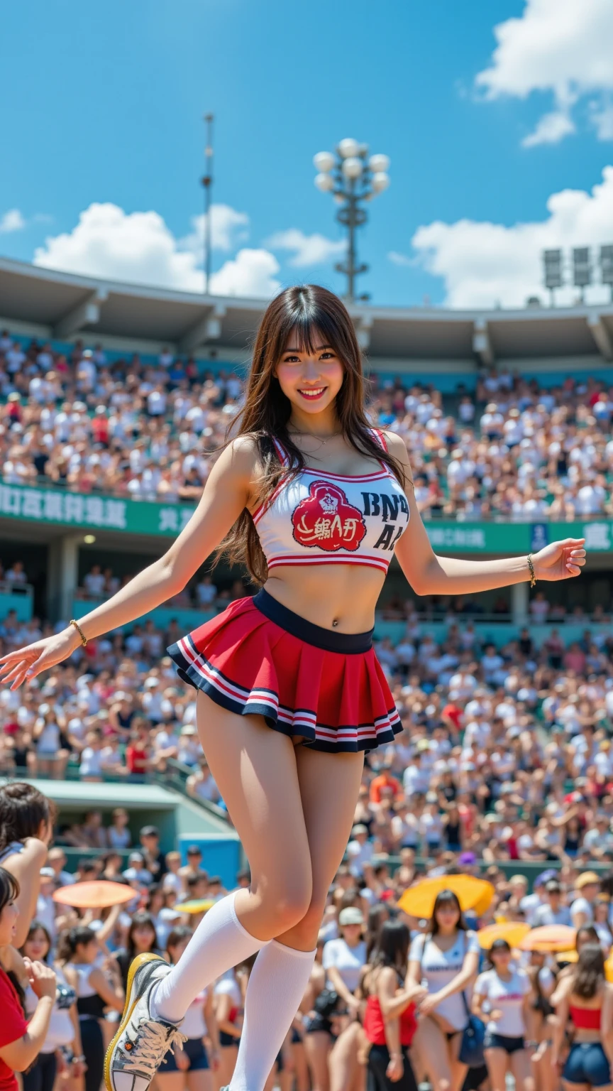 (8k、live-action、Raw photo、highest quality、masterpiece:1.2),(Outdoors),((Perfect lighting)),(Wet hair),Watching the audience,Sexy pose, cute smile,18-year-old,student,White skin,knees,Small Face,Part the front hair from the center、The forehead is visible,skinny,skinny)、masterpiece,highest quality、超A high resolution,one person, solo,Close-up shot、cute、Back to Students,(Red cheerleader outfit:1.3),High school girl,Japanese women,(Photoreal:1.37)、Photon Mapping,Realistic、cuteSmall Face,Brown eyes、prospect、Depth of written boundary、Blurred Background、Real,(I can see the front hair), hair, I can see the knees, thigh,(Nogizaka Idol), actress、Big and ample breasts、Cleavage、Super fine、Low people、(Skin with visible pores:1.2)、(Focus on the face)、8 heads、Natural neck、Check and correct the skeleton, (large breasts:1.8), (Slim body:1.3),