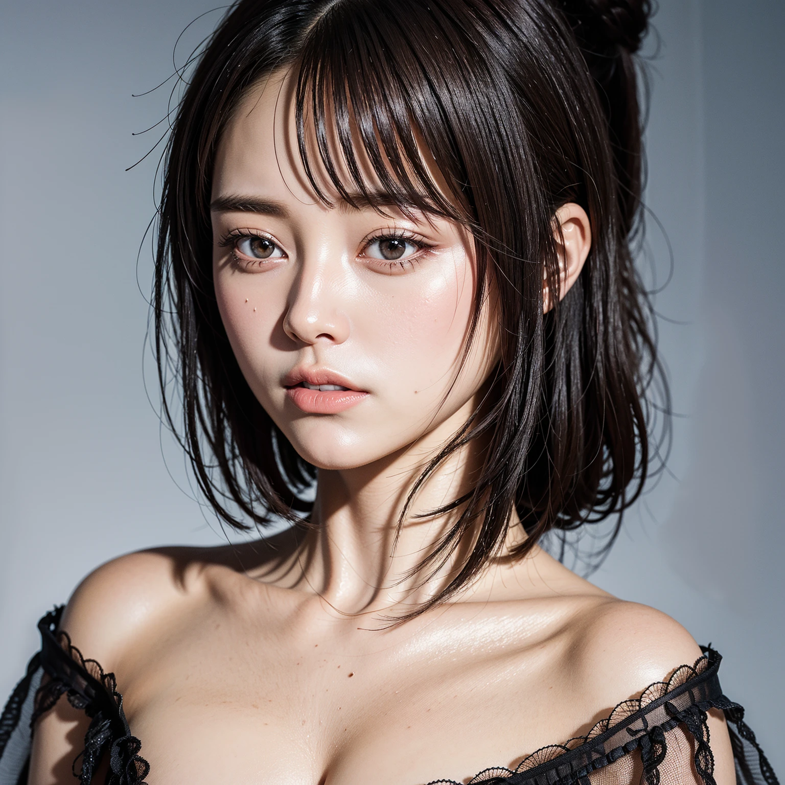 （highest quality，8k，32k，masterpiece，Ultra-high resolution：1.2），((Sexy expression:1.2)), ((Beautiful bangs:1.5)), Positive, Professional Lighting, Flash photography, Shaded photo，((Cleavage:1.5))，((small breast)), Upper Body, Face Focus, Choker Necklace, Plain grey background, ((black clothes with a wide open chest:1.2, Tight clothing:1.2)),  ((I can&#39;t look directly at the nipples:1.5, Know the shape of your nipples:1.6))