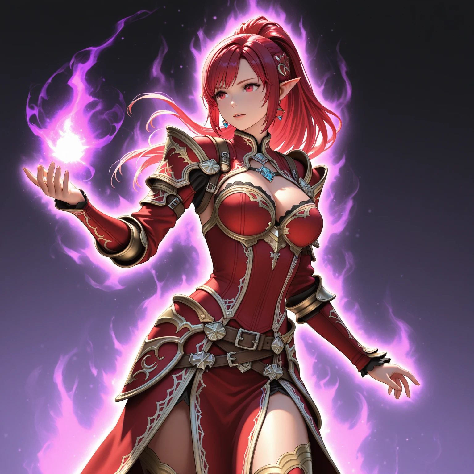 1 magical warrior girl, with red costume with black parts, rainbow hair and red eyes, huge breasts, holding a fire elemental sword, in a dungeon in zelda breath of the wild, looking at the viewer, evil smile, anime, high detail, Realism, Hyperrealism, wide shot, 16k, UHD, masterpiece, high details, best quality, award winning, highres