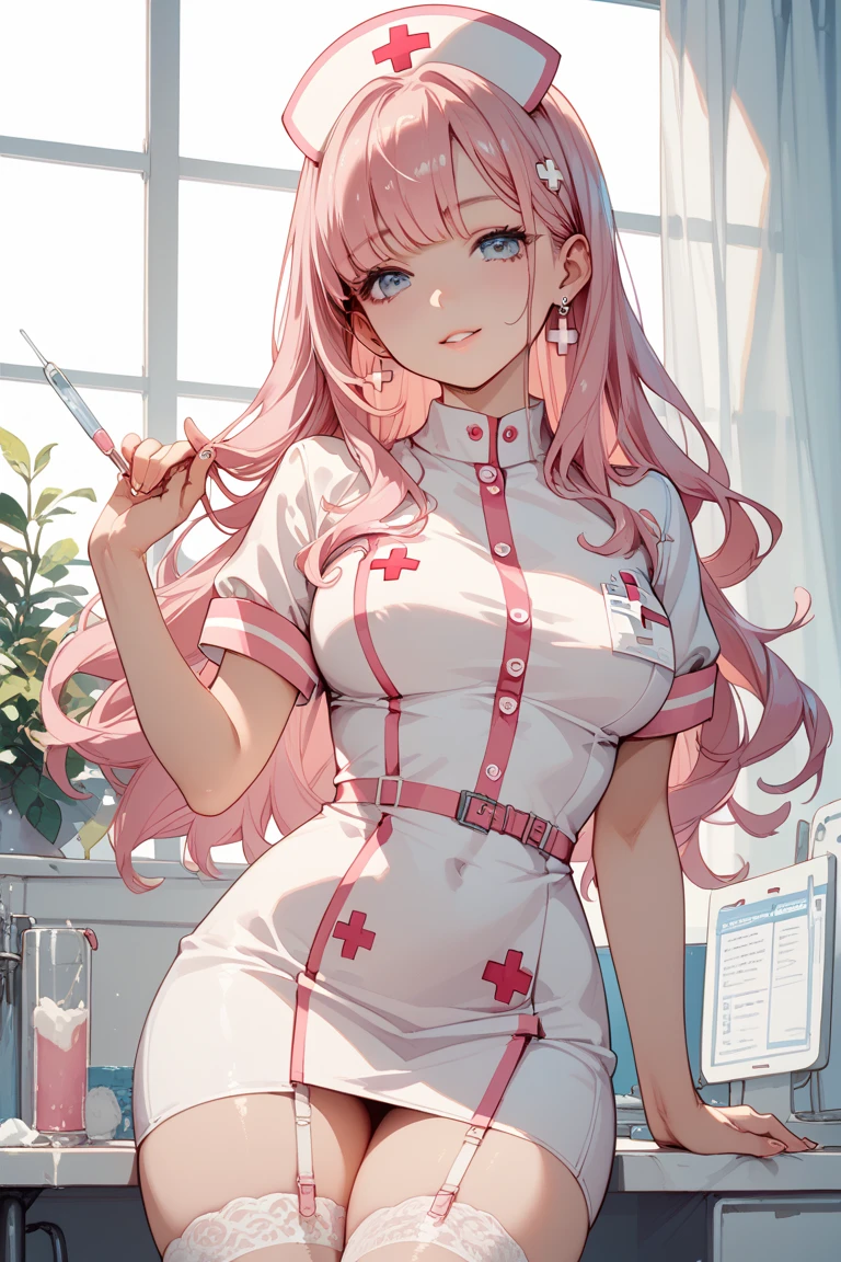 top quality , Masterpiece , high definition Masterpiece pink long hair, curly hair, pink Eyes, twin bun bun hair, big breast, seductive, flirty, plain backround, white backround, no backround, pink backround, nurse, nurse outfits, cleavege, sexy, stockings, garterbelt, white nurse uniform