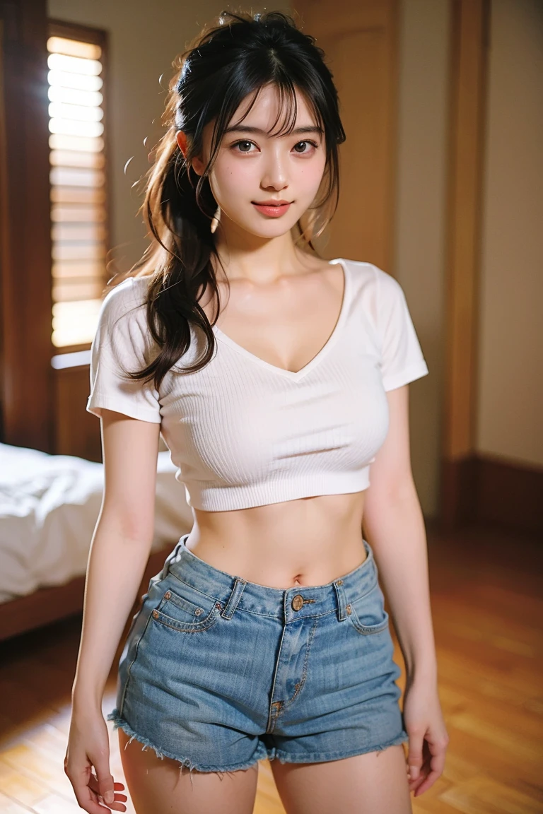 Very detailed CG Unity 8k wallpaper、highest quality、Very detailed、masterpiece、reality、Realistic、Very detailedなかわいい女の子、18-year-old、(High school girl in Japanese uniform)、((White short sleeve buttoned cotton shirt:1.5))、((A woman wearing a white short-sleeved off-the-shoulder shirt:1.4))、((Shooting from the front:1.4))、((Stand in an empty room:1.4))、((Standing with a smile:1.4))、blush、Cleft lip、Looking at the audience、((Cowboy Shot:1.4))、((Navy Blue Denim Mini Skirt:1.5))、((straight medium long hair:1.7))、(Beautiful Face:1.3)、(Perfect balance:1.2)、(Long legs:1.2)、(Small breasts:1.3)、((Upper Body))、((Model pose:1.4))、Angle from below、reality、