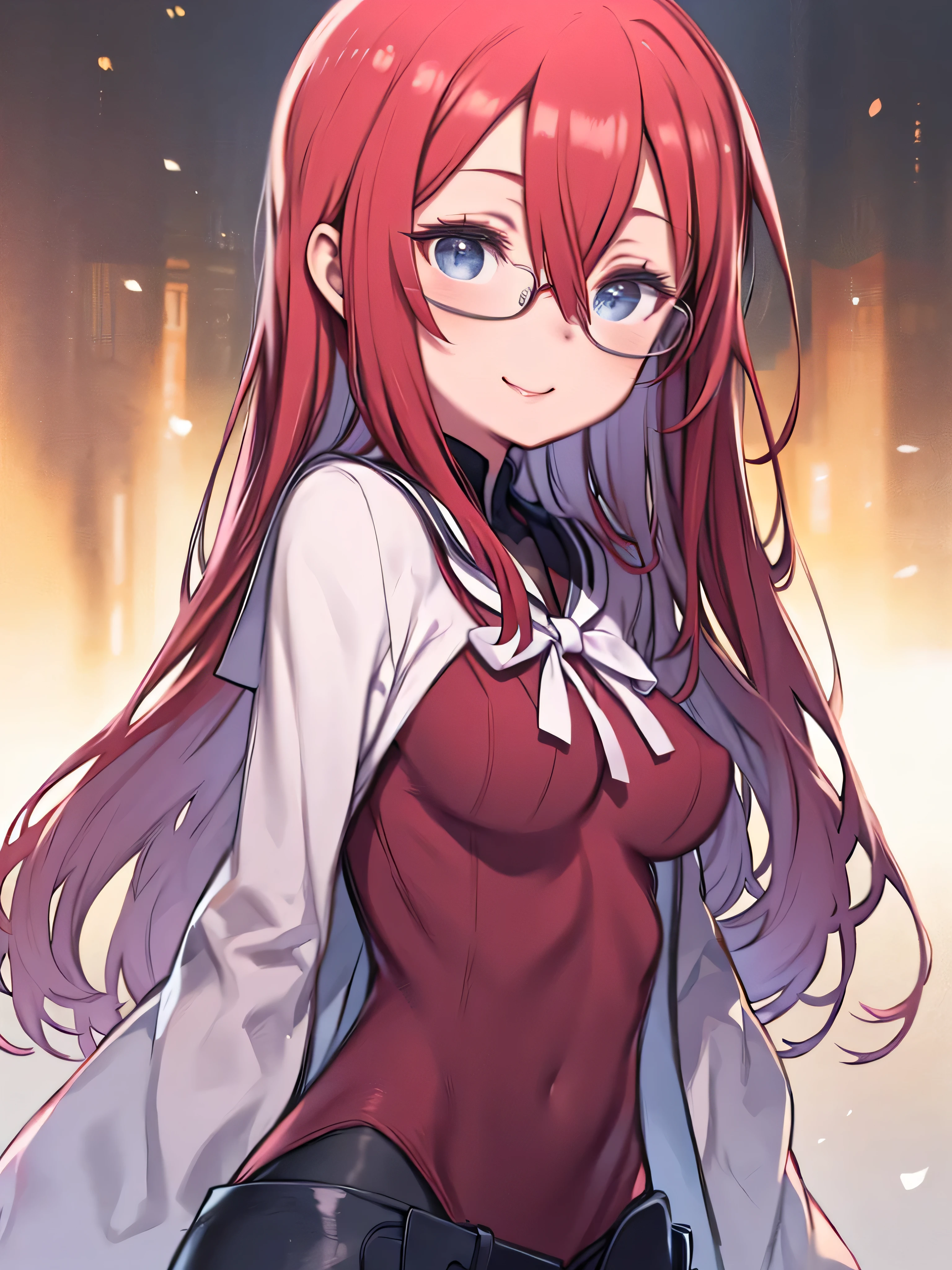 One Woman、Red Hair、long hair、Hair between the eyes、Blue Eyes、Big Breasts、Glasses、Red jersey、Smiling、Watching the audience、Upper Body、