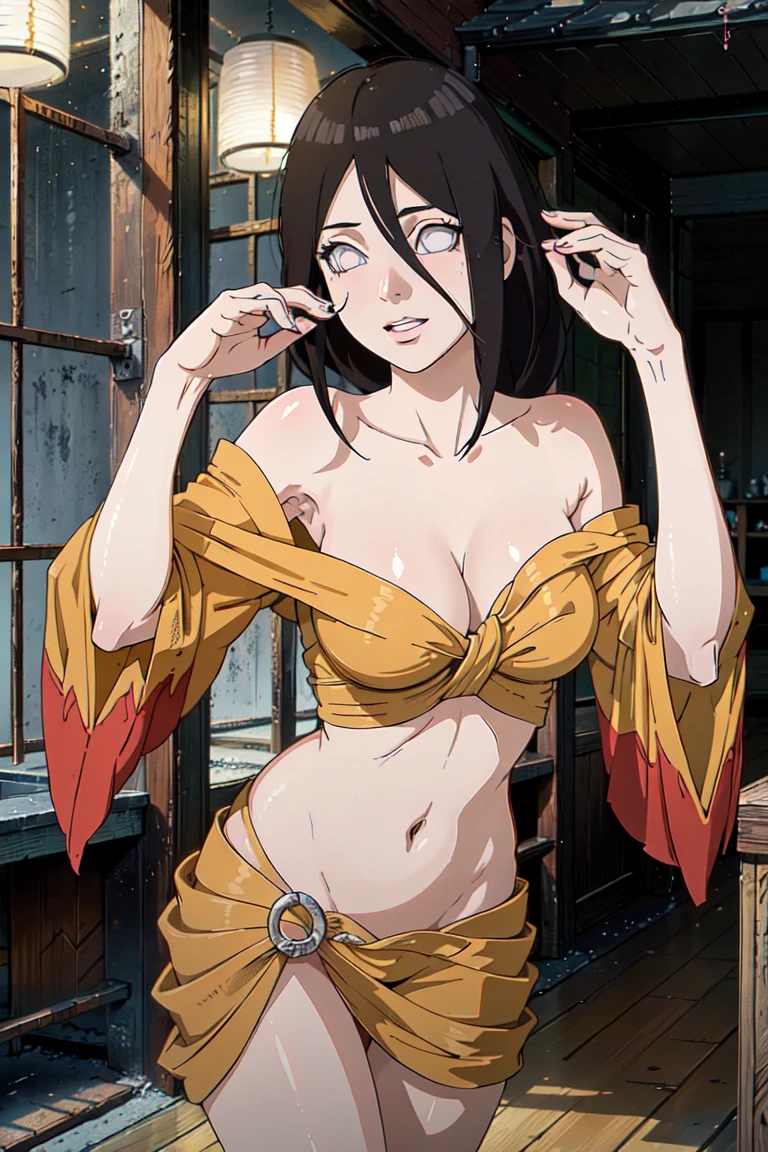 ((((masterpiece, best quality, high resolution)))), 1girl, average breasts, blush, light smile, parted lips, glow, thighs, bare shoulders, collarbone, narrow waist, cleavage, (masterpiece), (beautiful detailed face, beautiful detailed eyes), (hanabi\(boruto\) 