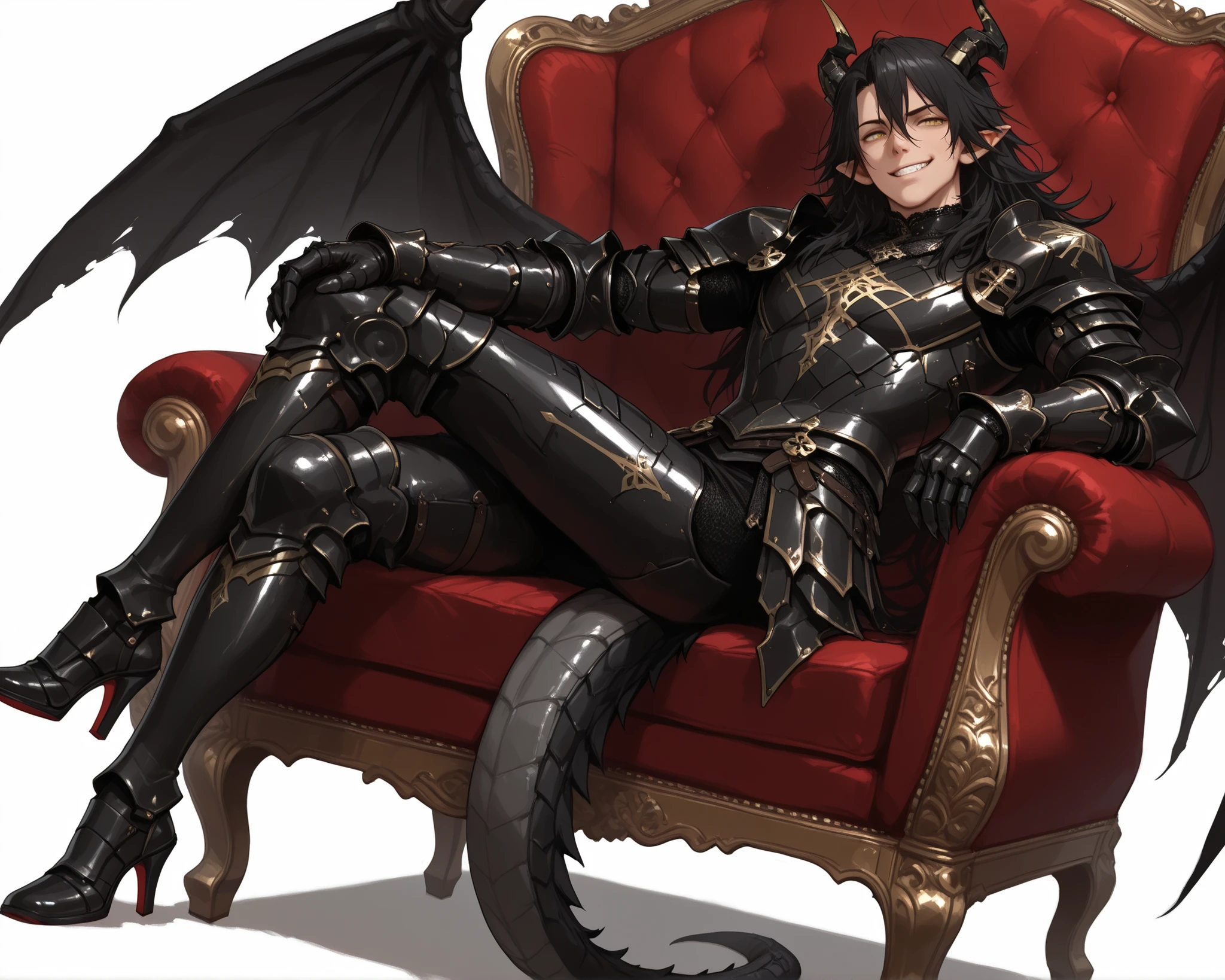 score_9, score_8_up, score_7_up, absurdres, (((128K Ultra High Resolution))), (masterpiece, best quality: 1. 5), (high definition: 1, 4), (highres), 8K wallpaper, (excellent graphics: 1. 5), CG, (((Japanese Anime style))), (1 male), solo, ((lean body, masculine)), weredragon, glossy black, shiny black leather, ((beautiful golden eyes, finely detailed eyes, bright eyes, slit pupils)), hair between eyes, black hair, long hair, sideburns, wild hair, (sly grin, sinister grin, smirk), teeth, confident, ((ultra detailed face)), shiny skin, long pointy ears, twisted torso, long-legged, sculpted face, wasp waist, dragon horn, dragon tail, dragon wings, dragon sharp claws, (black armor with a lot of grandiose decorations: 1. 5), half dragon half human, (sit cross-legged, closed legs, sit sideways, luxury antique red plush velvet chair: 1. 5), (dramatic angle, dynamic pose: 1. 5), (ultra detailed black armor, well-polished black armor: 1. 5), (gold-adorned armor: 1. 5), all black outfit, full body, emphasize face, sharp focus, good-looking man, (best illustration, highly detailed artwork: 1. 5), (cinematic), dramatic lighting, (intricate detail, extreme detailed, super detailed: 1. 5), chiseled features, (stark contrast, heavy shadows: 1. 3), detailed black decorations, beautiful & aesthetic, photoreal, (from side), (mysteriously crafted black metal armor: 1. 5), thick & luxuriant hair, (ultra detailed fantasy black armor, wonderful black armor: 1. 5), (realistic metal texture), broad shoulder, true-to-life visuals, artistically refined, (extremely delicate & beautiful armor, elaborate armor details: 1. 5), (giant black armor, dark armor, stylized armor: 1, 5), (((armor-type high heels))), (extremely detailed armor with intricate engravings, intricate armor with gold ornaments: 1. 5), ((very gorgeous and dazzling)), (dark fantasy black knight: 1. 5), slim waistlines, wide chested, sinewy body, (Hyper Detailed & Perfectly Designed Black Armor: 1. 5), (simple white background)