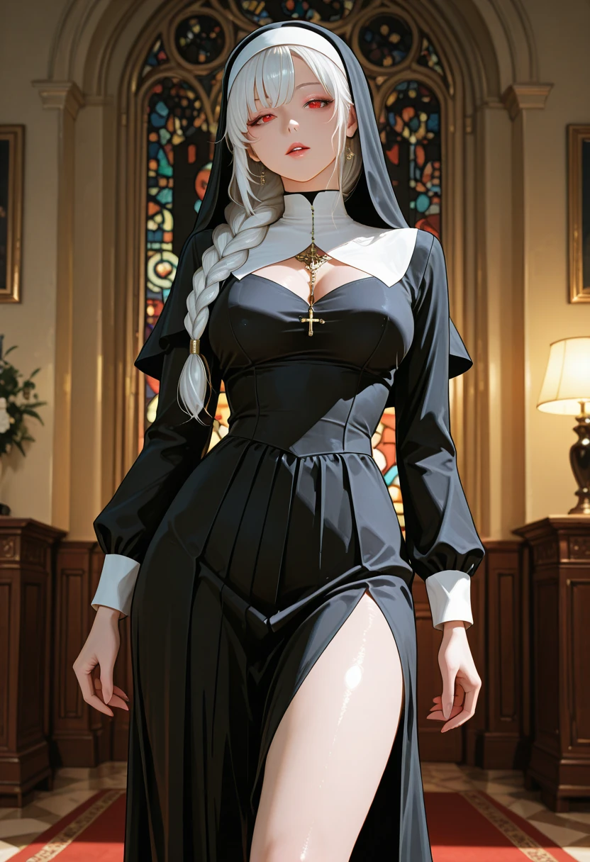 Best quality, masterpiece, high resolution, ultra-realistic 8k CG, beautiful girl with gray hair, blue eyes, open mouth, puffy, plump body, nun bandana, (tunic|nun dress), fleshy thighs, (full body white pantyhose), high heels, (full body), looking at the audience, symmetrical, charming, complex, sexy, elegant, hands interlocked, hair accessories, necklaces, cleavage, Tyndall effect, realistic, dark studio, edge lighting, two-tone lighting, (High Detail skin: 1.2), 8K UHD, DSLR, Soft Light, High Quality, Volumetric Light, Voyeur, Photo, High Resolution, 4K, 8K, Background Blur,