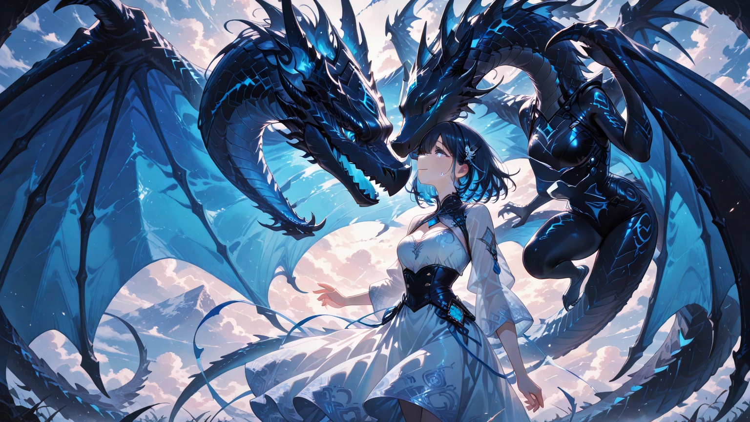 (Masterpiece, Top Quality), (Fine Hair), Ultra-Detailed, Anime Style, Solo, Full Length, Concept Art, charybdis. Female Dragon. deep sea fish element. furryfemale. black body. Stinging. sharp teeth. Luminous. luminescent organ. Tentacles. White background, standing full length, Digital painting,
