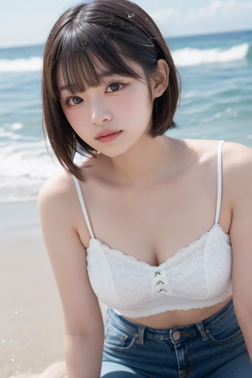 One woman、Amazingly beautiful、Strong Aboist black hair、Extremely short hair、Ultra detailed face、Lips Detail、Detailed eyes、double eyelid、Highest quality、masterpiece、Shiny skin、Solar flare、Award-winning photography、Healthy Body、Uplifting、Real、Realな顔、dramatic、dark、Sharp Focus、8K、20-year-old、Full body photo(Highest quality、8K、masterpiece:1.3)、Sharp Focus:1.2、Beautiful woman with perfect figure:1.4、Chubby body type、Small belly:1.2、(Layered Hairstyles:1.2)、maximum:1.3、Pure white bra、Pure white panties、(distance:1.5)、Moist body:1.1、Extremely delicate facial and skin texture、Fine grain、Sexy crotch、Real Skin、Real eyebrows、Beach、VistaWave、coco、Evening Light、Model posing on the catwalk、Gaze towards the viewer。Large Breasts、Thighs、smile、mini skirt、