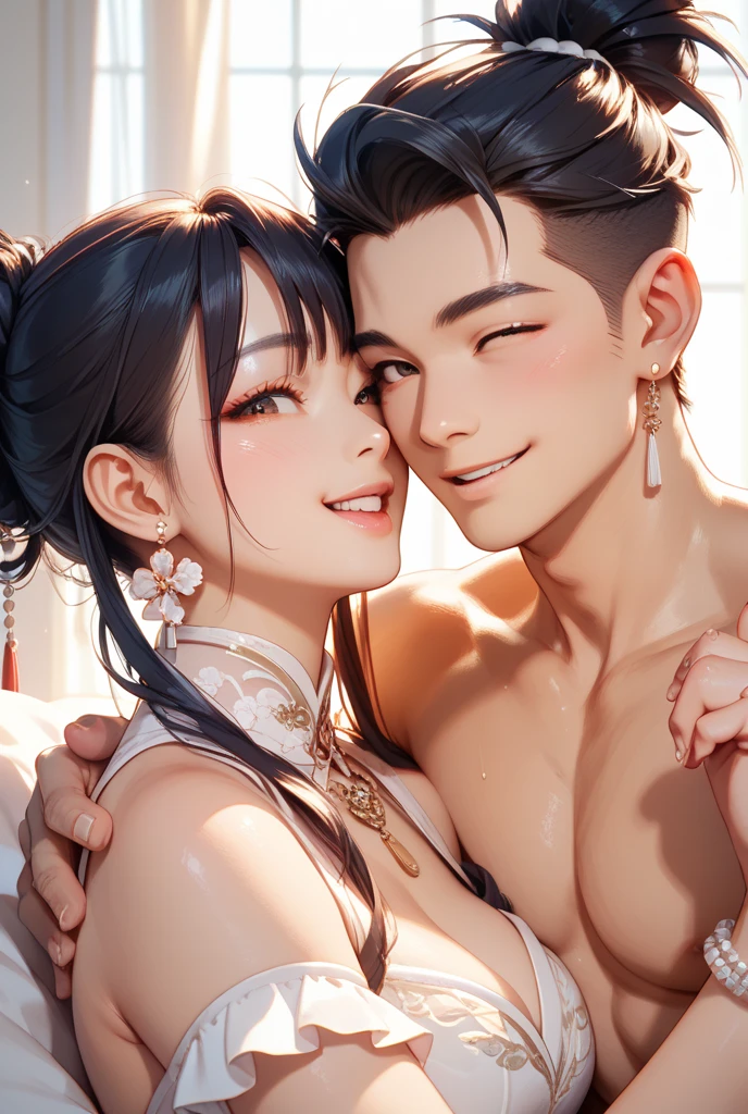 (original photo, Bestquality), (realistic, photo of-realistic:1.cestquality, Extremely Detailed, a masterpiece、, Hyper-Detailed, illustration、, a couple 1 girl 1 man, 1 a girl, (huge boobs,cleavage), 1 a man, dynamic angle, world mastery theater, cluttered_long_hair,Bestquality, extremely detailed CG unity 8k壁纸,ink,astonishinovie lights,Lenlare,dunhuang_style, perfect female body, perfect hands, perfect fingers, detailed face, handsome man, beautiful girl with cat ears