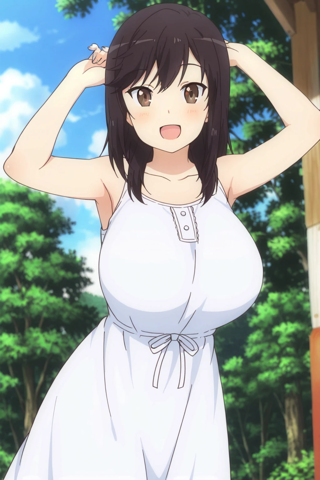 (( close、16k、highest quality、Attention to detail、Rich skin detail, Browsing Caution、Sex、Chubby)),(((Skirt Lift、Spreading her legs)))、((white onepiece dress、Blue Panties)),(Brown eyes)、((short hair、Forehead、Parted bangs、Asymmetrical bangs))、((Brown Hair))、(Beautiful Eyes)、 ((Swollen nipples、Huge breasts))、 ((Sweat、Wet))、 ((blush))、(Wide Hips、Thick thighs)、((((Embarrassing、Estrus))))、((Beach、Shade))