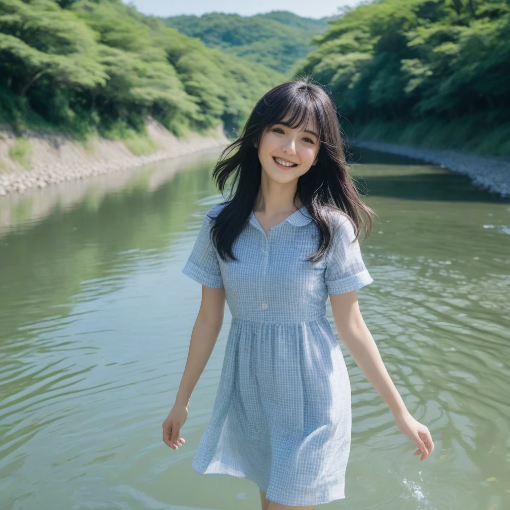 Highest quality,Super detailed,Rainy Park,A high school girl looking at me in the park.,Standing in front of a large puddle,Reflected in a puddle,Wearing a one-piece dress,Posing for a photo