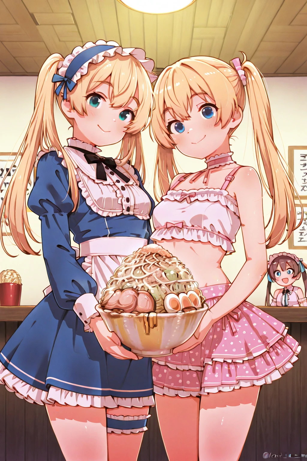(small breasts:1.2), (perky chest:1.2), (pointed chest:1.2), (Pudding cake magazine cover:1.3),(from above:1.0),(shoot from the side:1.1),masterpiece, 1girl, Amazing Cleavage:1.1, thin waist, optimum,tmasterpiece,hight resolution,best qualtiy,hyper HD,super detailing,awardwinning,a 18yo cute girl,(The upper part of the body),anatomy correct,Beautiful Black miniskirt,garters,Gaze,Small face,bangss,holster,Beautuful Women,hands up,leg holster,Gaze,black boots,Cowboy Shot,cute face,a blond,Longhaire,Twin-tailed,Braids, Hairline,(scarlet eyes),long eyelasher,Hanging eye corners,White skin of the, ((see through camisole:1.1)), ((Sheer nipples:1.0)),Rocket Tits,(Slim body),smile,seductive weak smiling,(with sparkling eyes and a contagious smile),little open mouth, Looking at Viewer,
