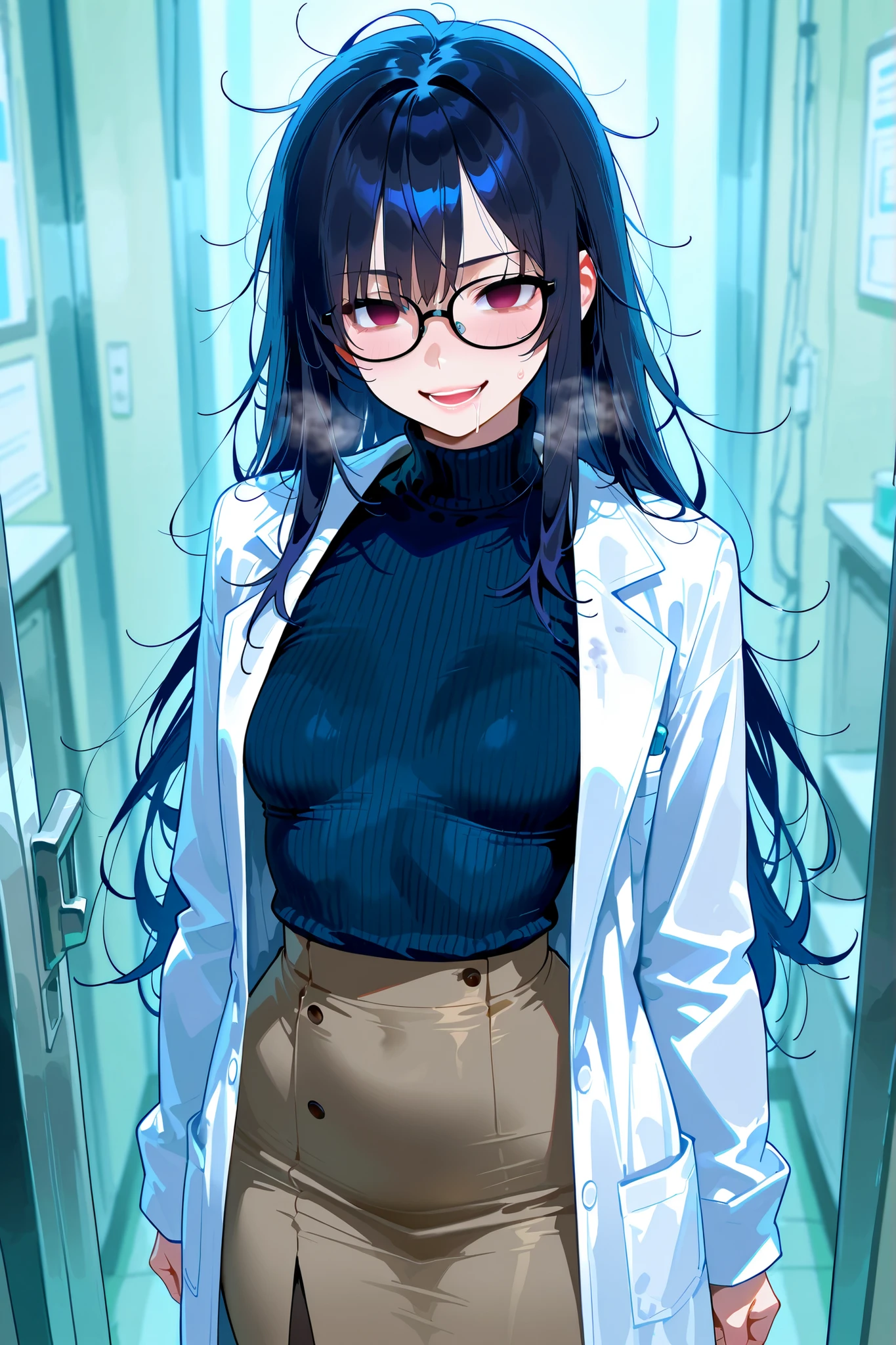 ((best quality)), ((highly detailed)), masterpiece, absurdres, extremely detailed face, beautiful face, (detailed eyes, deep eyes), (1girl), straight-on, dynamic pose, cowboy shot, (((wide shot))), <lora:oversized_shirt_v0.2:1>, oversized clothes, oversized sweater, long sleeves, <lora:hairdetailer:.5>, nerd, <lora:LoraRoundGlassesV1:.8>, round glasses, thick rimmed glasses, smile, (inside, in a hospital)