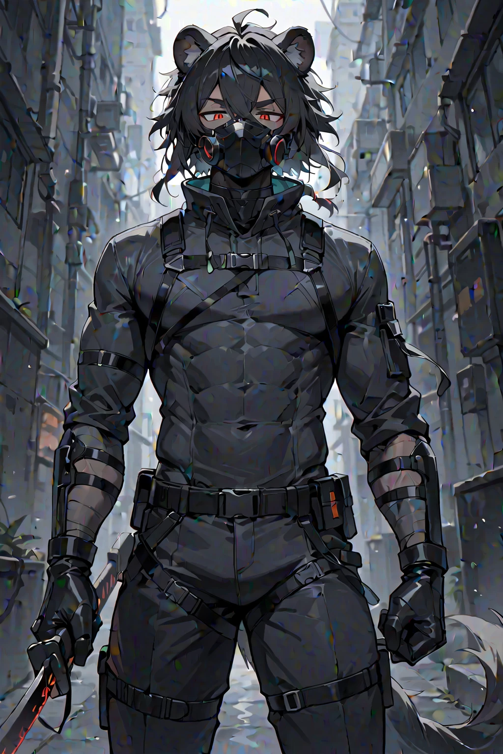 Muscle man, short black hair, blue eyes, black hood, black face mask, black and dark green cueter, spy