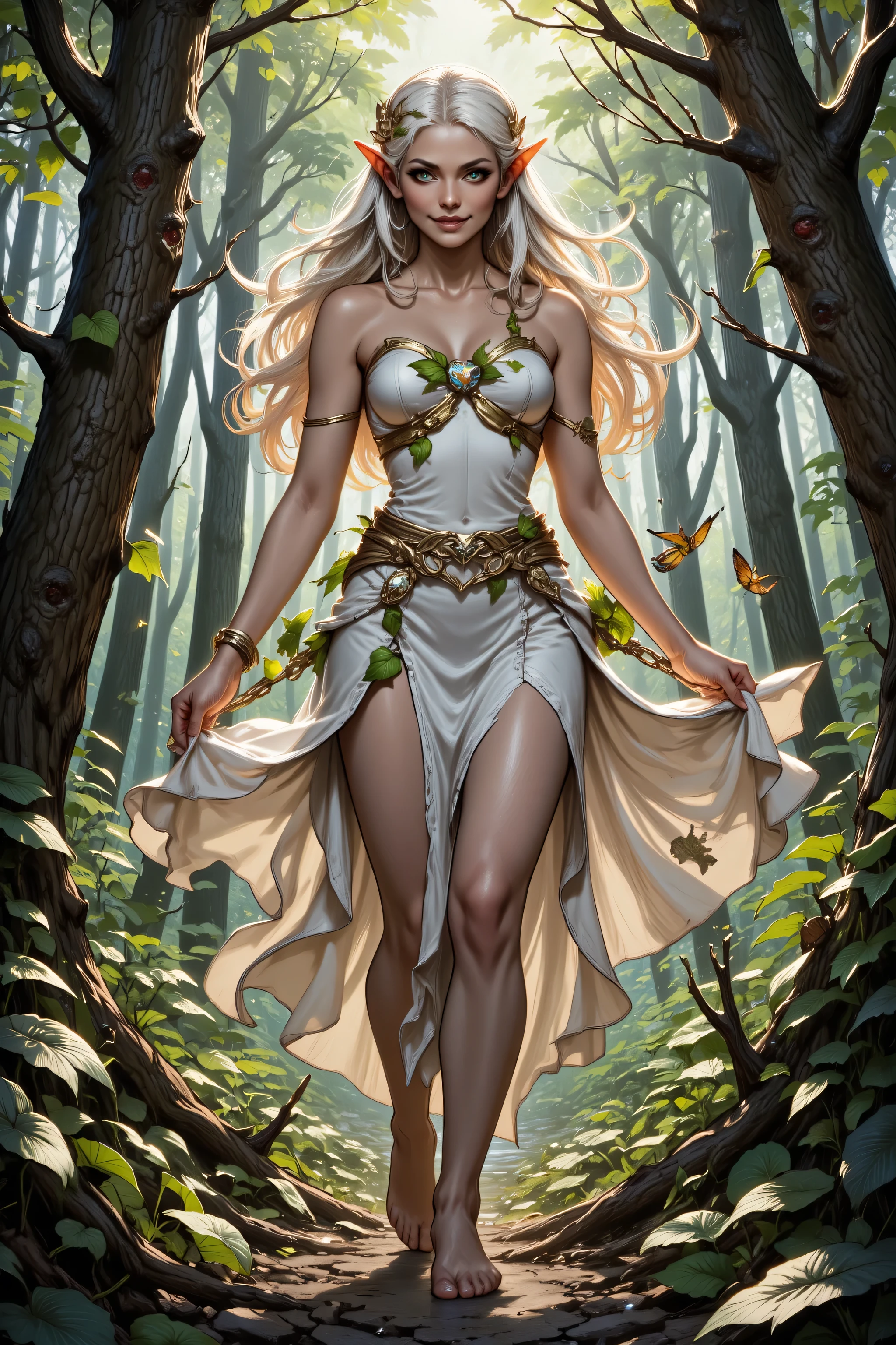 a picture of a female elf (intense details, Masterpiece, best quality), wearing white skirt with leaves, wearing shirt, wines entwined in the dress,  metallic shine, bright clothes,  an ultra wide shot, full body (intense details, Masterpiece, best quality)epic beautiful female elf (intense details, Masterpiece, best quality), pale skin, rich hair, flowing hair, small pointed ears, glowing eyes, action shot, holding a an flowers (intricate details, Masterpiece, best quality), fantasy forest (intense details, Masterpiece, best quality),  sense of daring, sense of adventure, summer in the forest, sun  is high in the sky, bright day,  high details, best quality, 16k, [ultra detailed], masterpiece, best quality, (extremely detailed), dynamic angle, ultra wide shot, photorealistic, RAW, fantasy art, dnd art,fantasy art, realistic art, Celestial Fantasy, zavy-ctcmcs, w1n, hyp3rd3tail style