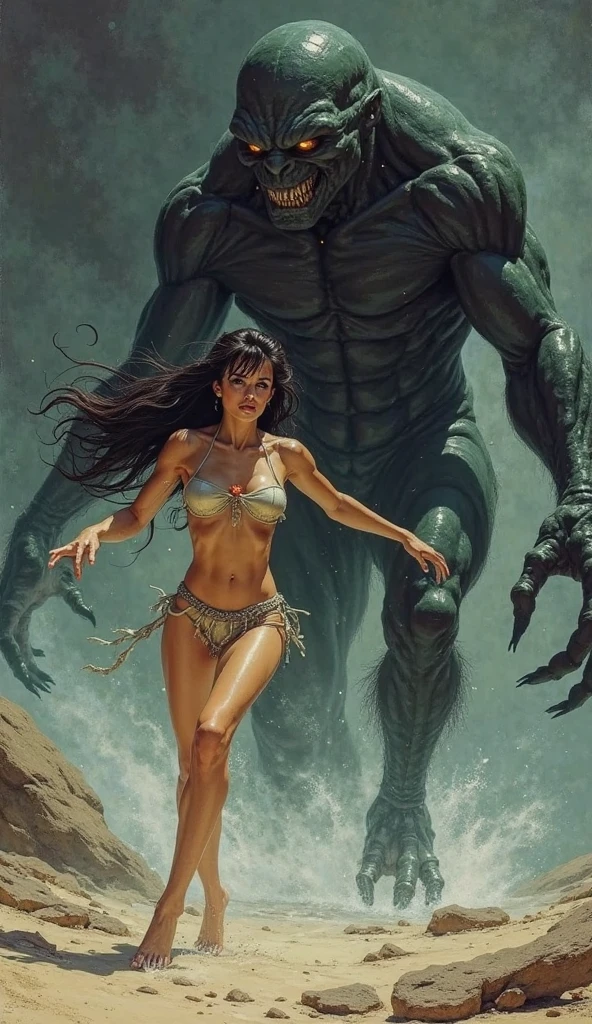 alien landscape with giant monsters, the foreground, a sexy girl with slender hips, slender hips, slender hips,medium breasts, in a long sheer gown cut in slits up to her hips, low cut between her breasts to her navel, long flowing hair, cleavage, brightly colored monsters, tentacled beasts, dinosaurs, very bright contrasting colors, bright colors, she is a goddess, a goddess,