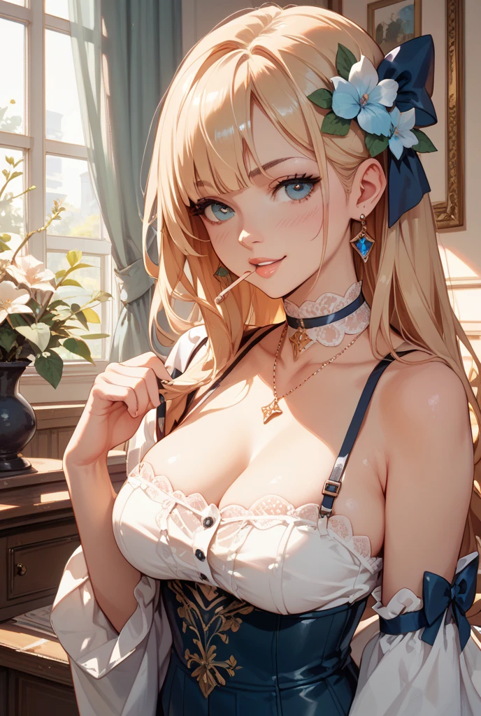 solo,human, navel, (masterpiece, best quality), (1girl, mature female, milf, motherly, serval landau, midlle-sized breasts, narrow waist, blonde hair, blue hair, multicolored hair, blue eyes, bangs, hair between eyes, streaked hair:1.4), (maid costume,maid hair band,black pantyhose, blue dress, earrings, choker, thighhighs, navel, skirt, detached sleeves),perfect face,perfect body,clear and detailed face, multicolored hair, blue eyeball, long blonde hair, maid style costume, choker, ssmile, blue eyeball