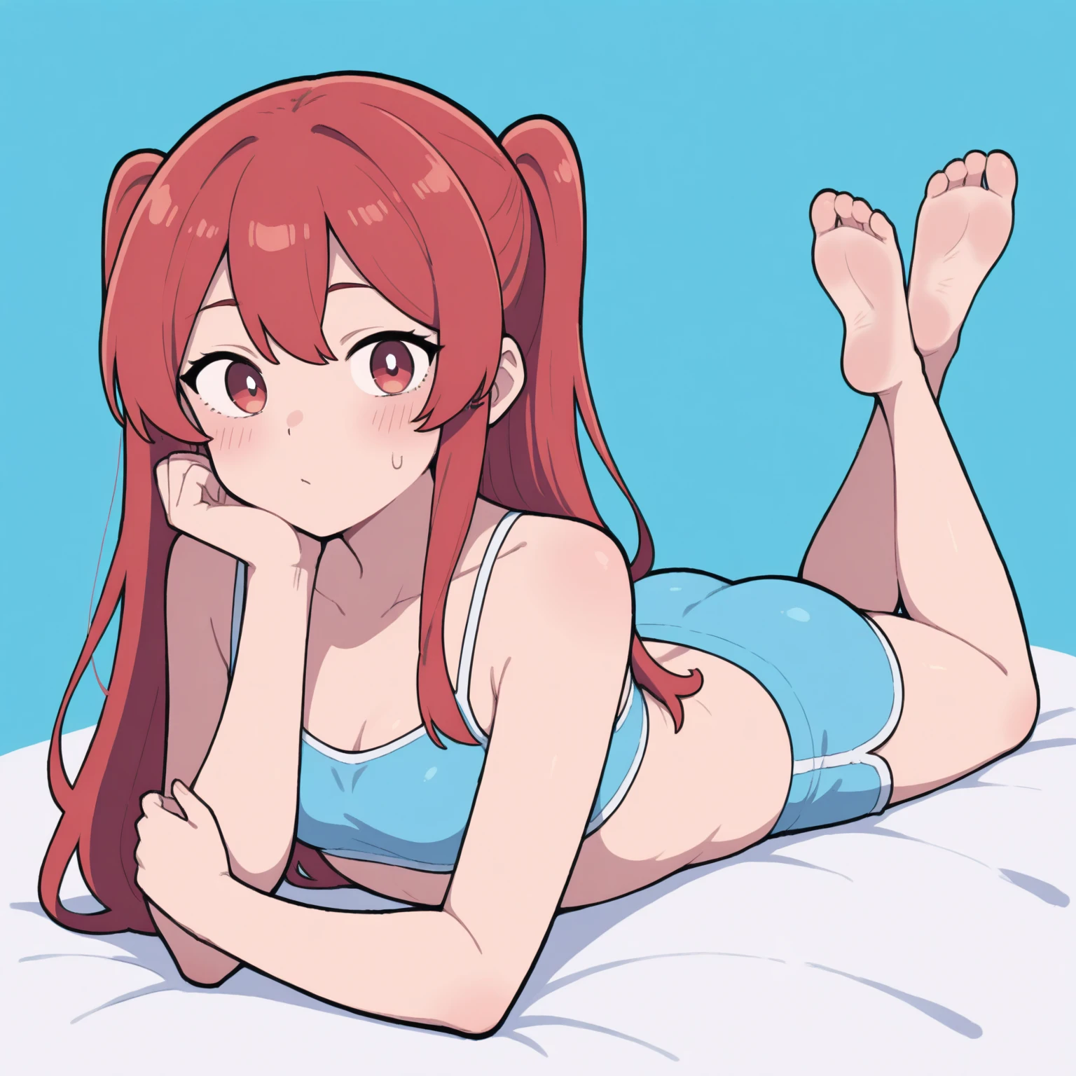 Wilykit sitting on bed in micro bikini. Bedroom background