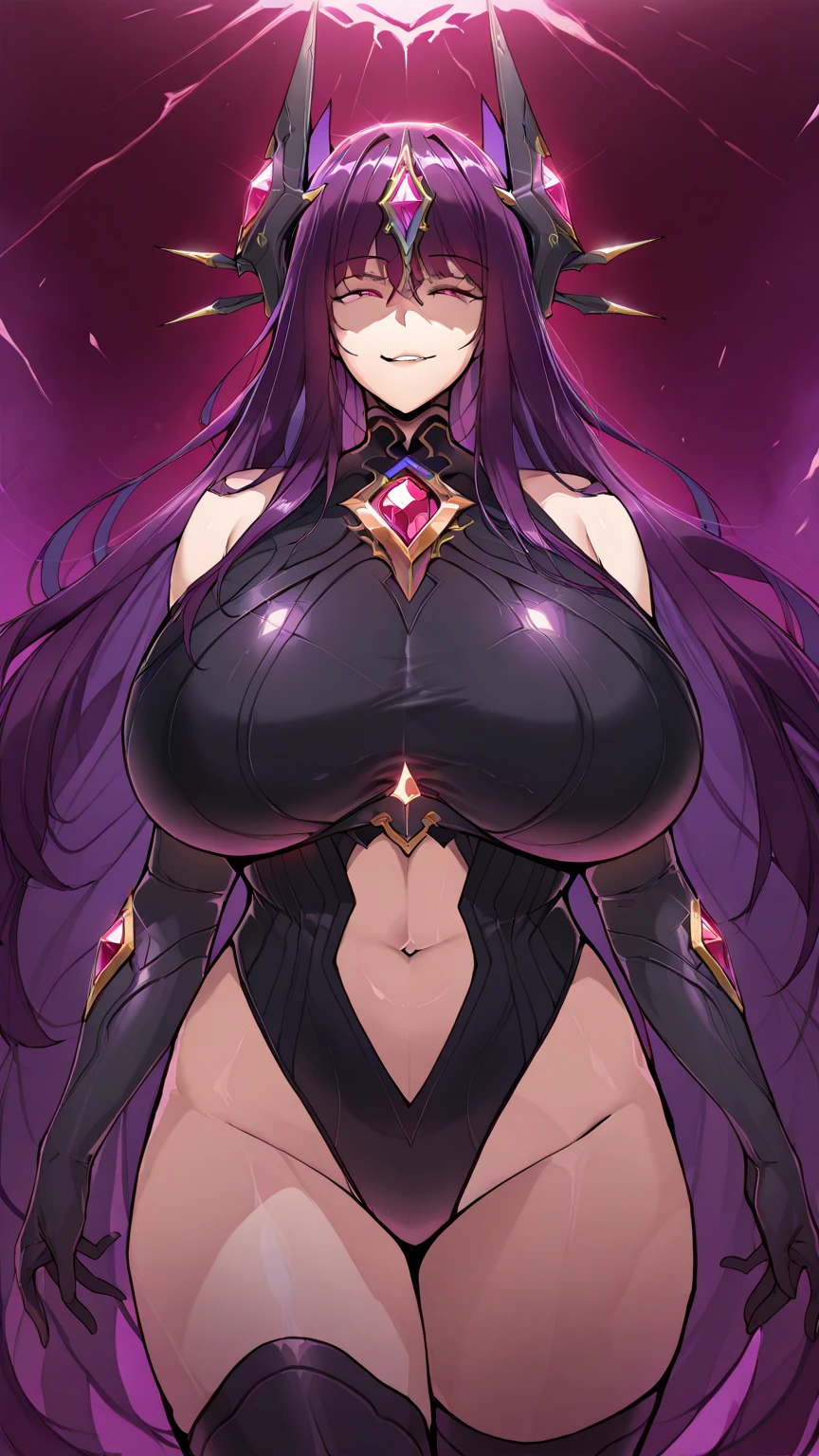 Lian, magenta hair, hair stick, bangs, blue eyes, solo, smiling, standing, upper body, hips, bare shoulders,purple thighhighs, black dress, gold jewelry,armor,gloves,circlet, cleavage, red and gold royal castle, gigantic breasts, (best quality, masterpiece, beautiful and aesthetic:1.2, highest detailed face, perfect face,) eyes, perfect face,expressive eyes,
looking at viewer, in the center of the image,(Upper_body),(Focus on her face),
official art,extremely detailed CG unity 8k wallpaper, perfect lighting,Colorful, Bright_Front_face_Lighting,shiny skin,
(masterpiece:1.0),(best_quality:1.0), ultra high res,4K,ultra-detailed