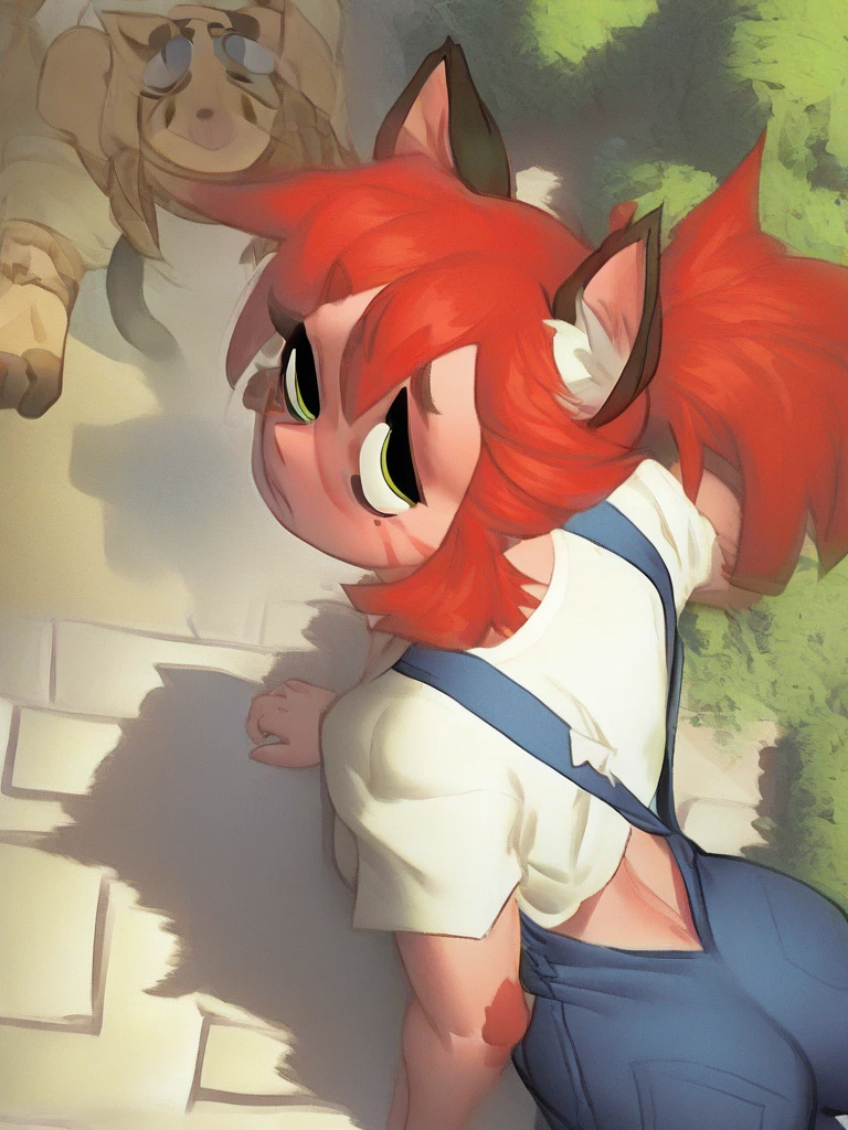 Female pegasus pony, brown fur, red hair, green eyes, green polka dot bandanna in hair on head, white feathers on wings,  large crotchboobs, fishnet stockings, bulge in throat , standing, deepthroat blowjob, lustful facial expression