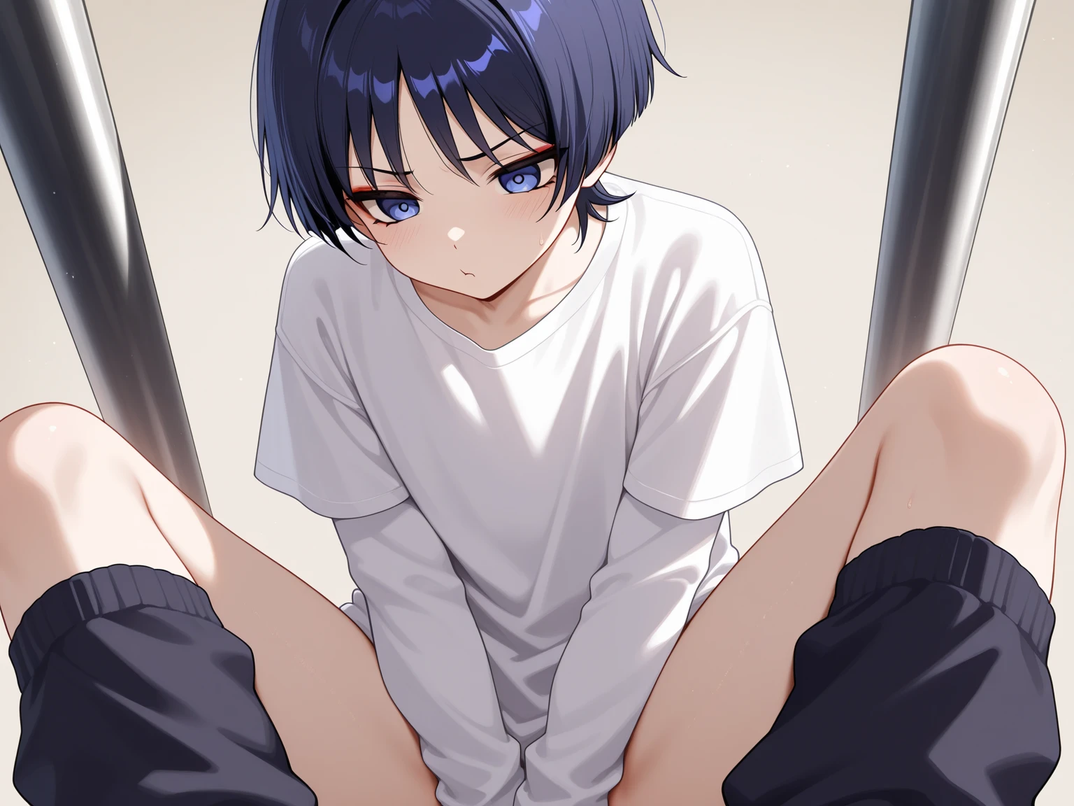 Young girl with blue hair,short straight hair and short bangs (purple eyes),, ((small bushy eyebrows)), wearing gothic lolita clothing, lolicon , medium breast, breasts out of blouse, walking to school, bored look, bored face, , lifting her skirt to show her vagina wet with semen, having sex
