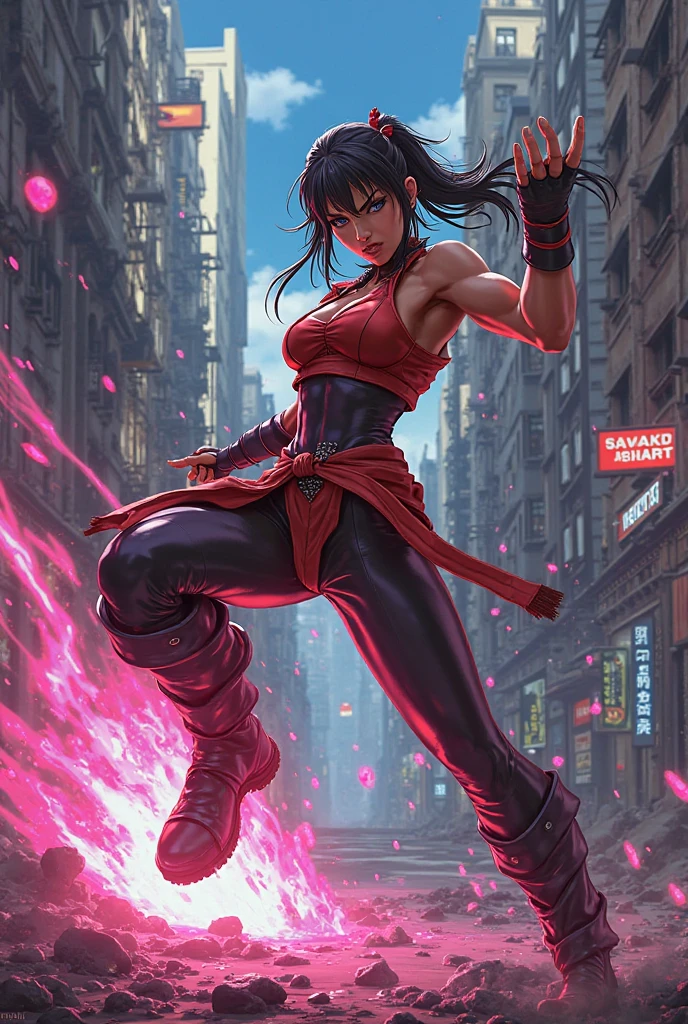 thick outlines, comics, photorealistic, perfect hands, masterpiece:1.2, japanes temple, roof, dojo, 1girl, solo, standing, <lora:suzune-nvwls-v3:0.8>, suzune, purple hair, red eyes, mouth mask, black crop top, red pants, clothes around waist, elbow gloves, black boots, medium breast, detailed background, detailed face, detailed eyes, <lora:add_detail:0.8>