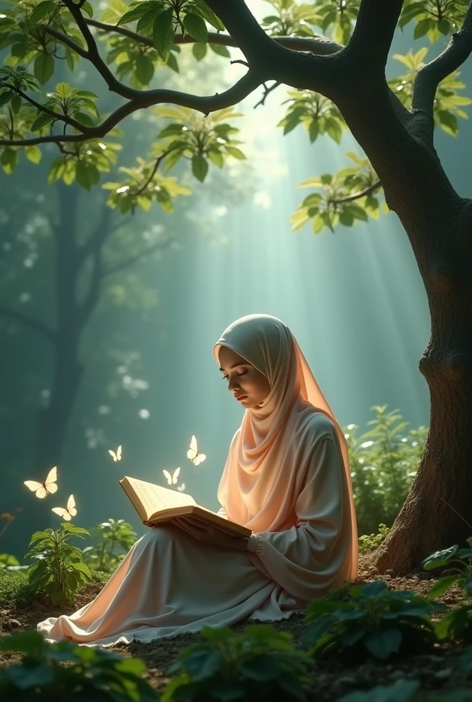 Beautiful girl holding Quraan, in islamic dress, seat in forest