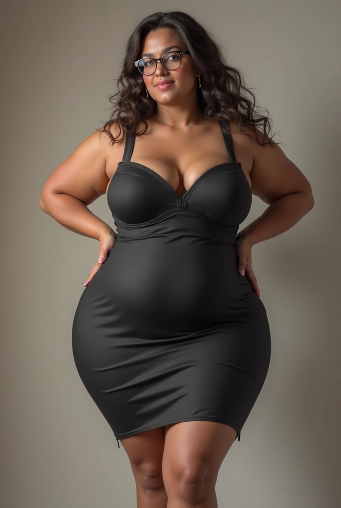 ,woman 45yo,lots of light full body,foreground,very wide hips,caderona,very busty, black dress tap project,transparent dress ,chubby, naked,a lot of neckline up to the navel,mini body,many semi out tits,provocative,sensual,posing sexually,mostrando escote foreground,exhibitionist