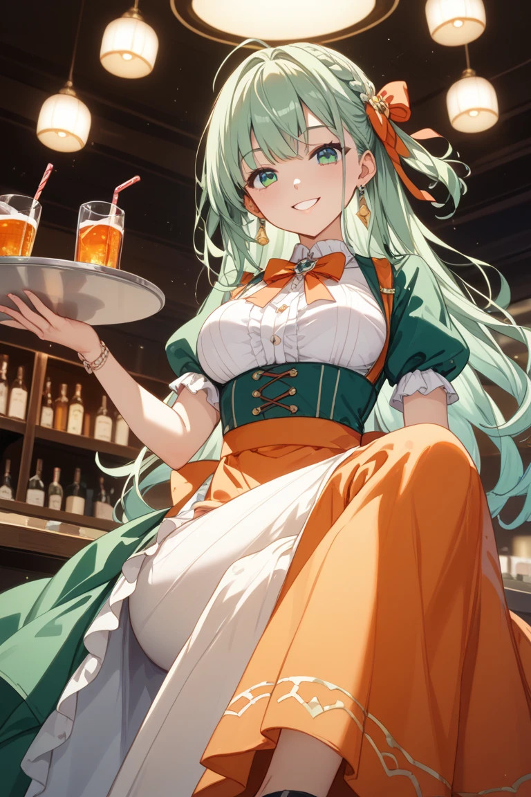 Mobius_(honkai impact 3d), ornament hair, perfectly body, perfectly hands, wave hair, light green hair, long hair, maid, maid dress, maid headdress, maid apron, garden, temple, shrine, outside, Chinese festival scenery, gold lantern, Chinese lantern, fireworks, black dress, more details on her clothes, black dress, golden details, night, smiling, ((4k, masterpiece, top-quality)),8k, best quality, high resolution, HD, (illustration:0.8), super cute girl, delicate and beautiful face, 1girl, solo, mature girl, super cute hairstyle, (beautiful detailed eyes:1.6), extremely detailed face, perfect lighting, extremely detailed CG, (perfect hands, perfect anatomy), Best quality, cleavage, skirt, full Body,