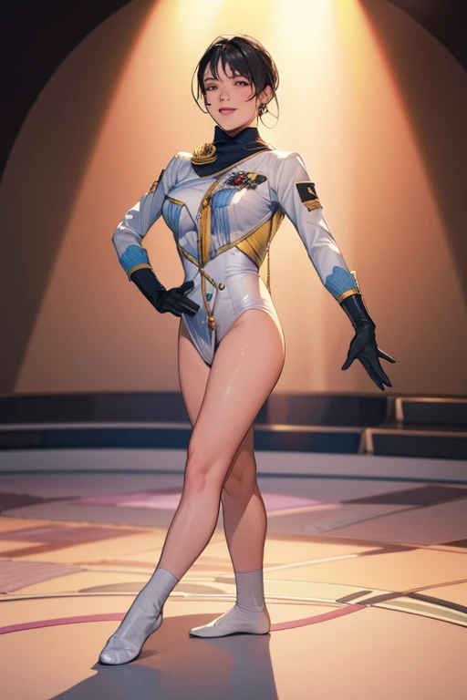 (masterpiece、Highest quality、Highest Resolution、clear_image、detailed explanation): (Full body portrait、、Very slim:1.4、Thin thighs:1.3、Long legs、(Raise your arms、Show me your armpits:1.3)、The Face of Japan、Small face、thin、Navy blue super short bob cut hair、Blue colored eyes、((Navy long sleeve space suit))、Cute type、A kind smile、Soft impression、(((Knee-high boots)))、Elbow-length gloves、Eye-level shot、face directly、Woman on a spaceship), (((Camel Toe))), ((Pure white leotard))