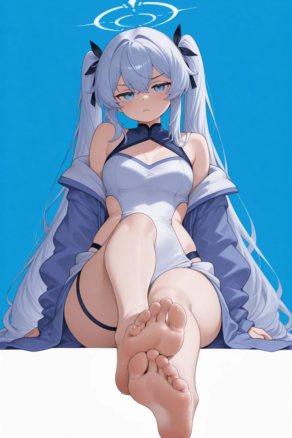 barefoot, footstomp, soles, toes, foreshortening, , masterpiece, best quality, ultra-high-detailed, angry face, blue hair, blue eyes, hibiki, looking to viewer, deep eyes, glare eyes, bare shoulder, focus to feet, black background, upper body, eyeshadow , muscular , slim, few small breast , cynical look eyes , ABS, 4 pack, fit girl, below shot, cleavage, midrifft , shredded, toes