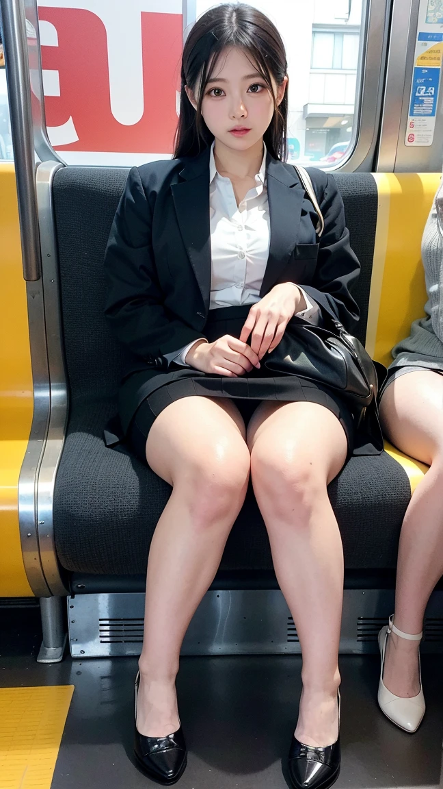 smile,one japanese woman,(masterpiece, Highest quality, 8K, RAW Photos, beautifully、aesthetic:1.2),  Intricate details, indirect lighting, Realistic,
whole body, Sitting on a chair on the train、Staring at the viewers、Voyeur、Top Quality, Very High Resolution, (Realistic:1.4), (Exact Reproduction: 1.4), Medium Breasts, Facial Detail, Fine Eyes, Career Woman, black Business Suit, mini Skirt, Heels, 
 Training women , Chair to sit under skirt,openlegs