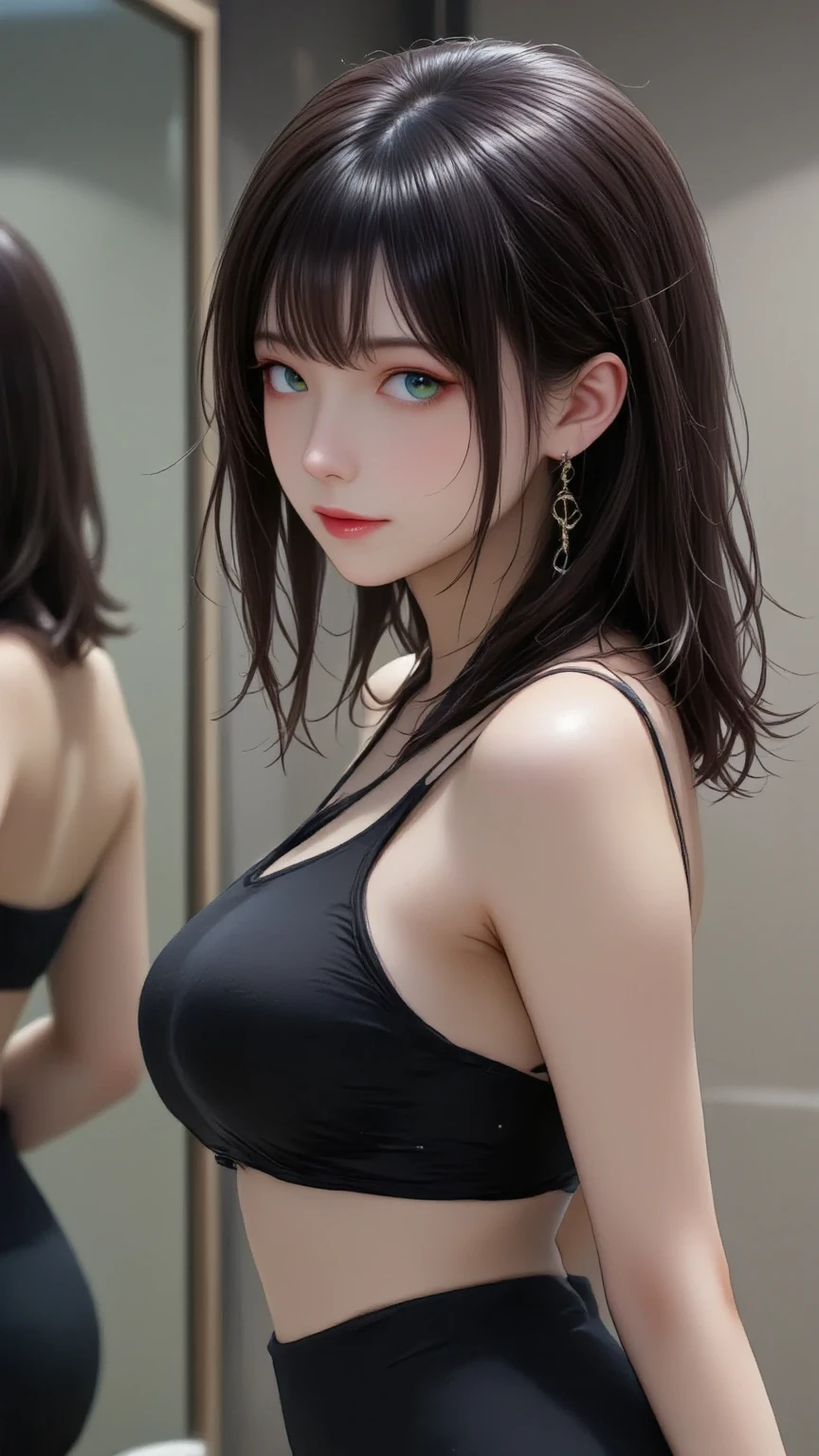 Extreme close-up,1girl in,(Ultra detailed skin),Curve,Petite,Beautiful breasts,(Large breasts),pale skin,pointed breast,Erect nipples,(Fantasy Art,Highest image quality,Hyperrealist portrait,(8K),Ultra-realistic,Best Quality, High quality, High Definition, High quality texture,high detailing,Beautiful detailed,fine detailed,extremely details CG,Detailed texture,realistic representation of face,masutepiece,presence,Dynamic,Bold),Short hair,(super thin hair),(ultra soft hair),(ultra straight hair:1.5),Swept long bangs,Extra bright coppery amber hair,Hair over one eye,Clothed,Baggy T-shirt,see-through sailor swimsuit