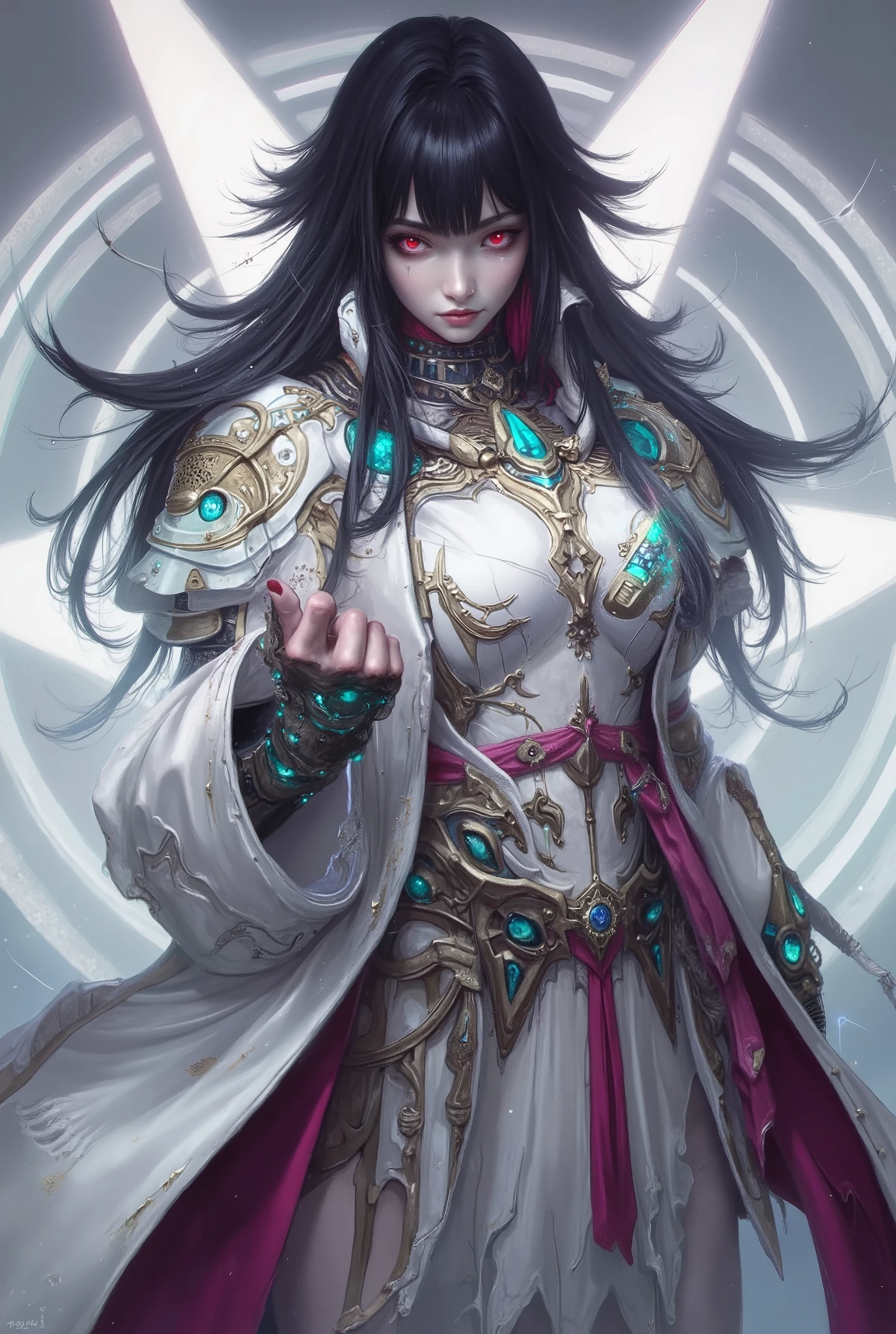 She's striking a bold attacking pose, neon colored, (Best Quality , 4K , 8K , High Resolution , Masterpiece: 1 . 2) , (Super Detailed , Realistic , Photorealistic:1 . 37), A mystical female figure with jet black hair and glowing red eyes, wearing an elegant futuristic robe with geometric patterns and eye-like motifs. Her armor is white and cian and magenta, biomechanical in design, with symmetrical glowing ornaments and intricate details. elegant posing, bold posing, Art style inspired by Yoshitaka Amano and H.R. Giger, with a divine, sci-fi aesthetic. Center composition, clean background with sacred geometric lines, ultra-detailed, soft gradient lighting, 8K, digital painting.