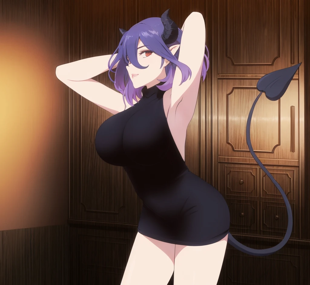 ((1girl)),((alone)),vermeil_ingold,\( kinsou no vermeil\),(masterpiece), (best quality), (ultra detailed), (best illustration), (best shadow), (absurdities) , sharp focus, cowboy shot, atmospheric perspective, depth of field, dynamic posture, ((looking at viewer)), large breasts, narrow waist, wide hips, wide thighs, round butt, erotic, romantic, (highly detailed eyes, lips 1.1), highly detailed eyes, eyes, Highly detailed face, Very beautiful face, Symmetrical face, Aesthetic face, perfect face, perfect eyes, detailed eyelashes: 1.5), full height, beautiful slim figure, femininity, expressive appearance, big breasts elastics, sexuality, half-open lips, (red eyes), blue hair, purple hair, hair between eyes, short hair, demon girl, demon horns, demon tail, thin tail, pointed ears, (curvy body), dress, short dress, black dress, sleeveless, sleeveless dress, off shoulder, high neck dress, hair ornament, curves, defined body, Perfect and beautiful body, perfect and beautiful, closed mouth,((evil smile)), (smug), flirtatious expression, (sexy pose: 1.2), ((solo)), standing: 1.3, ((interior, medieval room, bedroom, bed, dressing table, night, medieval landscape, night, castle, medieval town lights )), Looking forward, ((focus on hips)), point of view: (from below), perfect anatomy, perfect hands