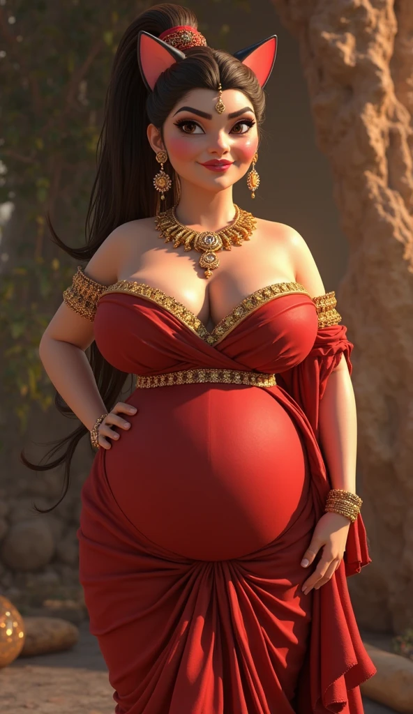 elegant fertility goddess,queen of egypt,mature woman,pregnant with octuplet snakes,egyptian fertility goddess with snake skin,sexy,maternal figure,ancient egypt,laiteux breasts,egyptian temple,red and sand colored dress,form-fitting,translucent clothing,long straight black hair,adorned with jewelry,pregnant with quintuplets,swollen breasts lactating,visible snake teeth,smiling,golden eyes,reptilian pupils,snake woman,gorgon,dramatic gothic dominatrix,snake scale skin on legs arms torso face,mysterious ancient egyptian temple,intense gaze,cinematic dramatic lighting,supernatural 8k scene,breathtaking beauty and depth