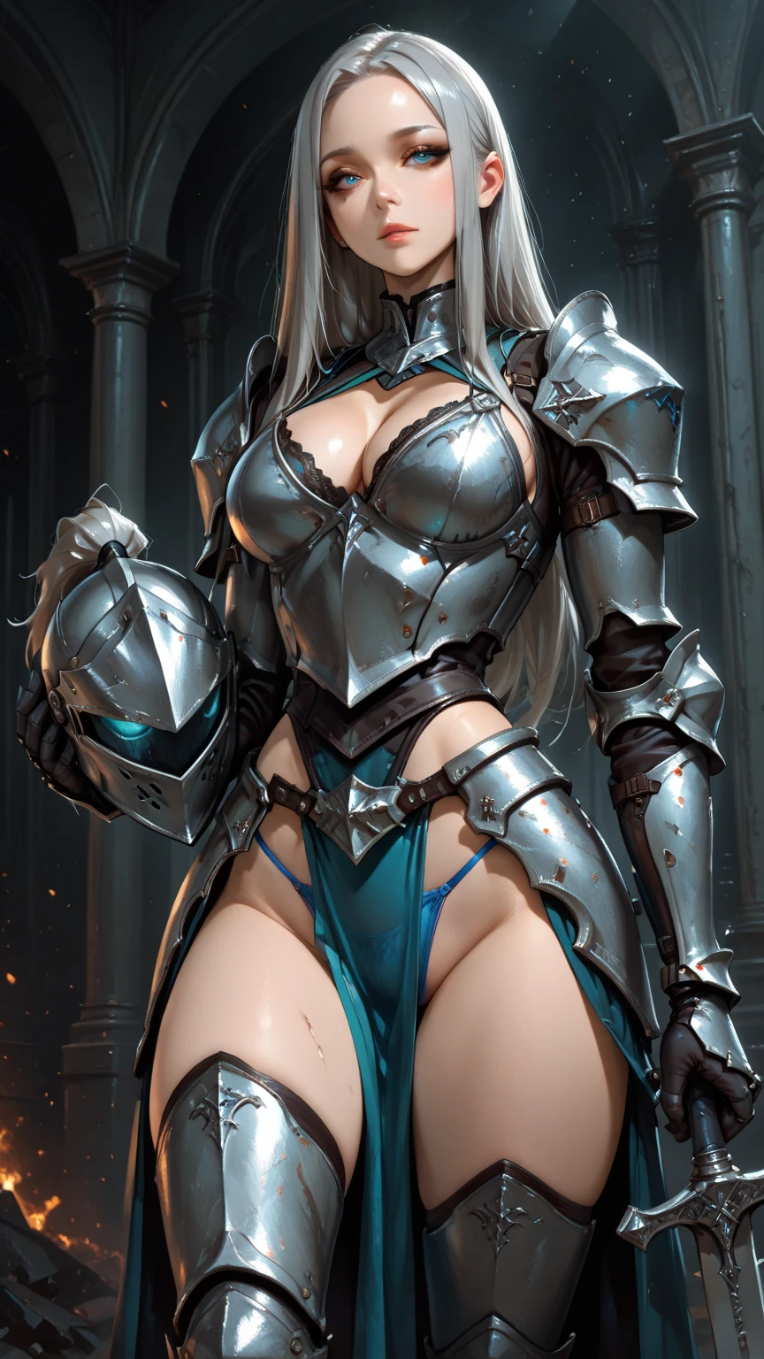 realisitic、Realistic、Intricate details,Beautiful woman、Enchanting Goddess、mixed race、Intimidating, Dark Fantasy、Detailed Armor、Fat Woman、Cat's face from the neck up、Cat face、、Wears white armor、a blond、Blue eyes、Crisp double eyelids、big eye、Fat Woman、Thigh depth - grassy、Forest and grass background、Standing facing the front