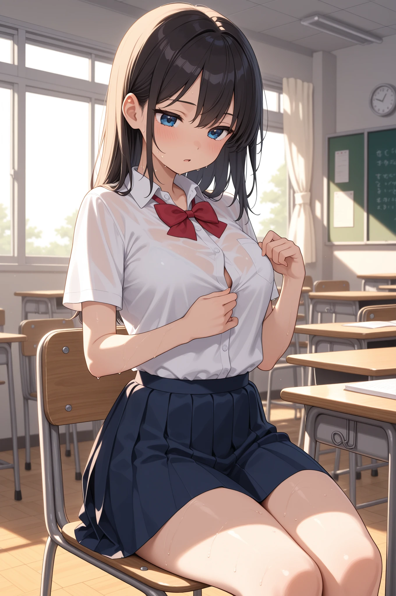 (A beautiful woman、slender), perfect anatomy, High school girls、uniform、Embrace your chest、Inner thighs、pussy juice, classroom、17 years old、Glossy lipasterpiece、highest quality、black hair, messy hair, (8k, High resolution)、(embarrassed:1.4)、(blush)、 small breast