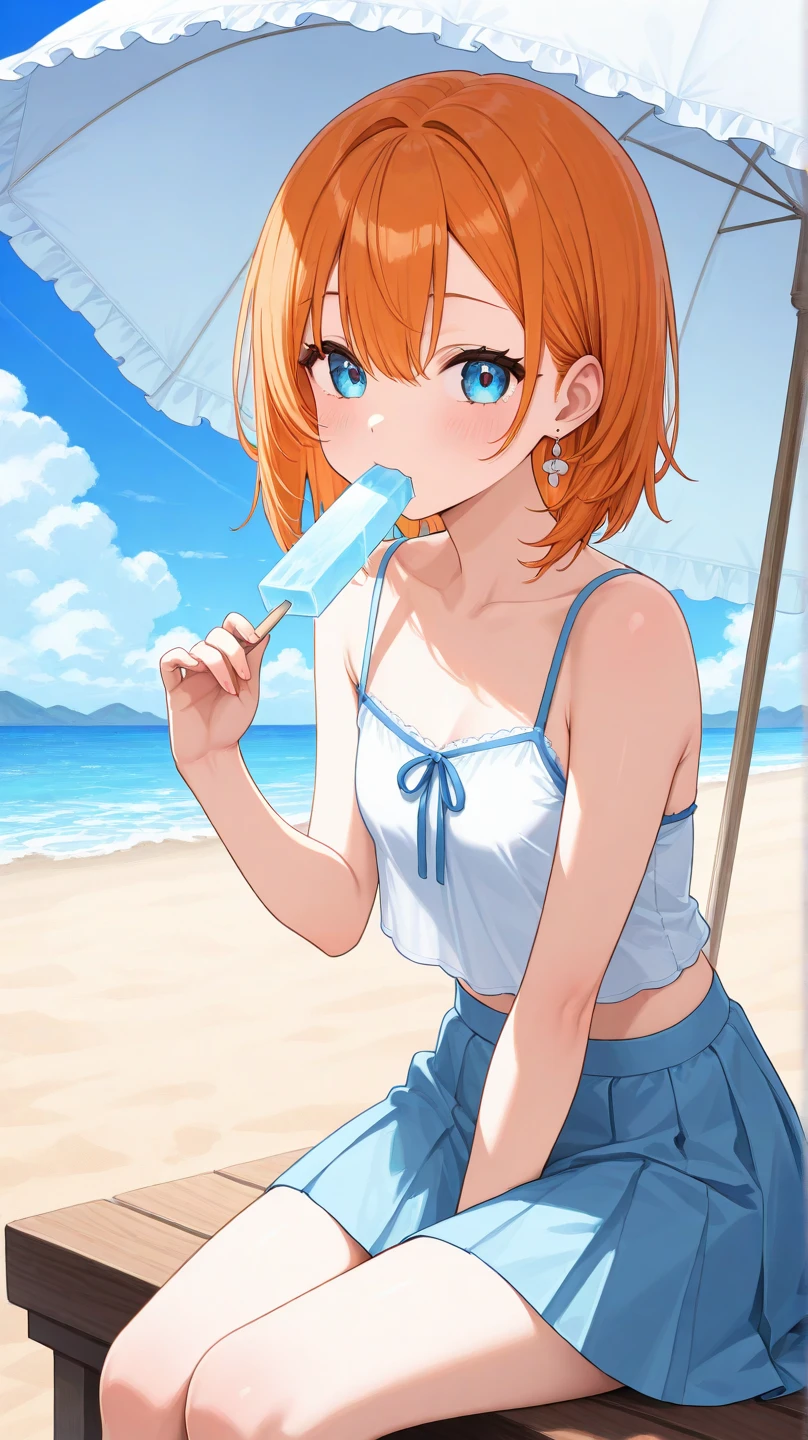 1girl, souryuu asuka langley, neon genesis evangelion, perfect body, white dress, straw hat,break,ice bar on a stick:1.5,holding ice bar inspired penis,,ice bar on the verge of melting,break,ice bar on the tongue,tongue out,ice bar close to mouth, Eagerly sucking on bar,looking up,break,summer beach,sea shore,cowboy shot,looking at viewer, break,masterpiece, best quality, very aesthetic, absurdres,